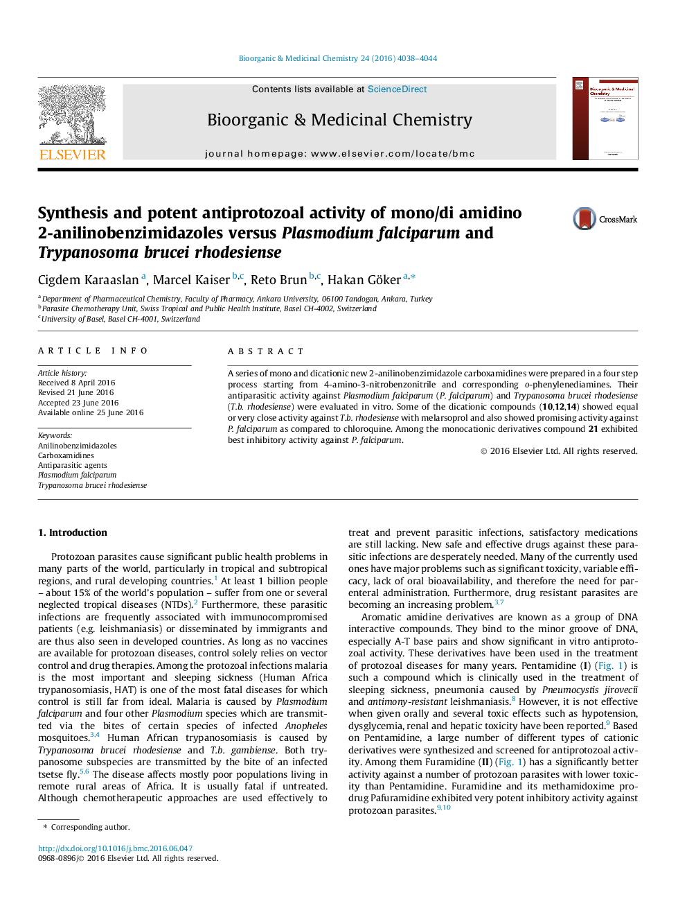 Synthesis and potent antiprotozoal activity of mono/di amidino 2-anilinobenzimidazoles versus Plasmodium falciparum and Trypanosoma brucei rhodesiense