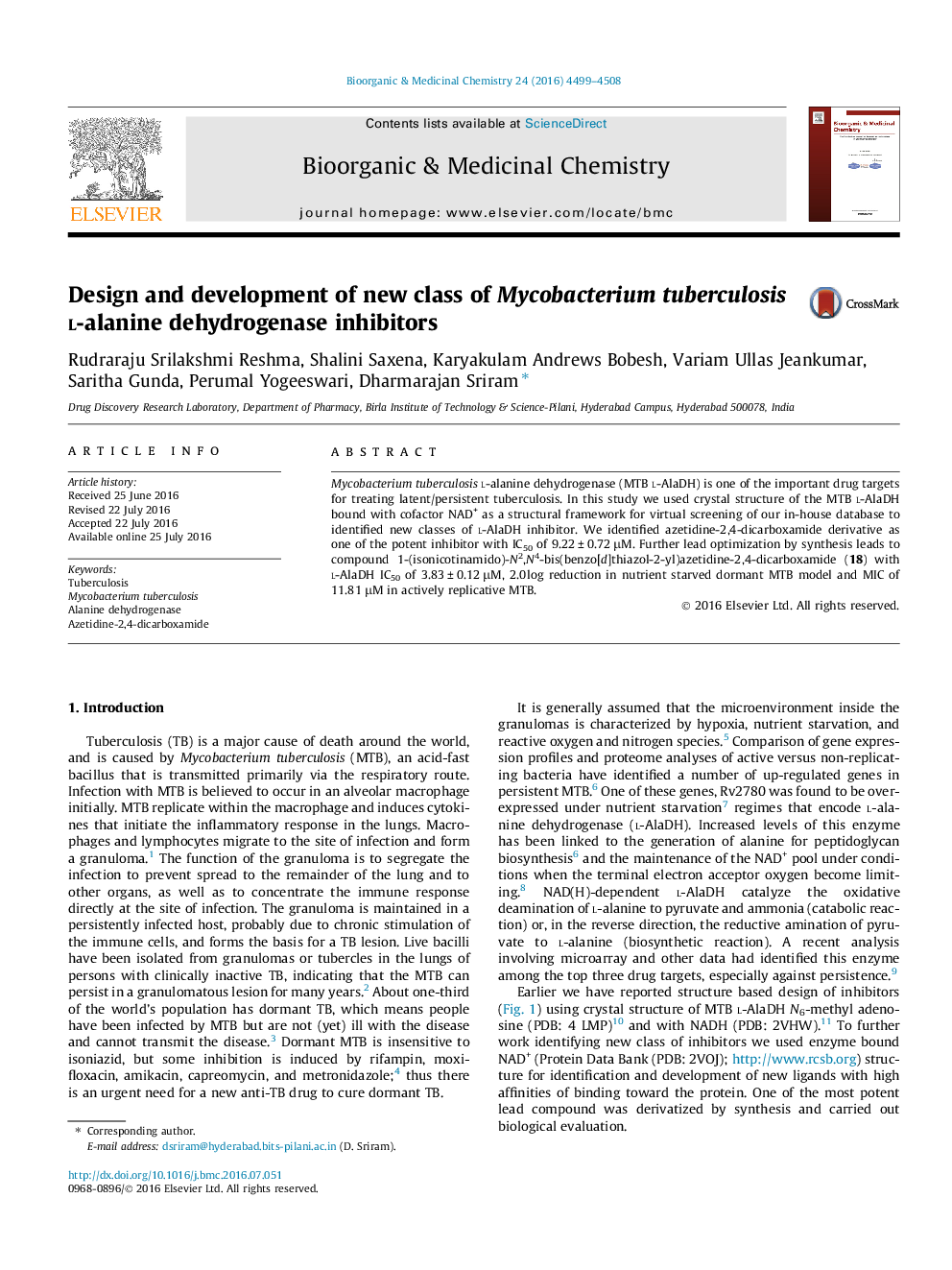 Design and development of new class of Mycobacterium tuberculosisl-alanine dehydrogenase inhibitors