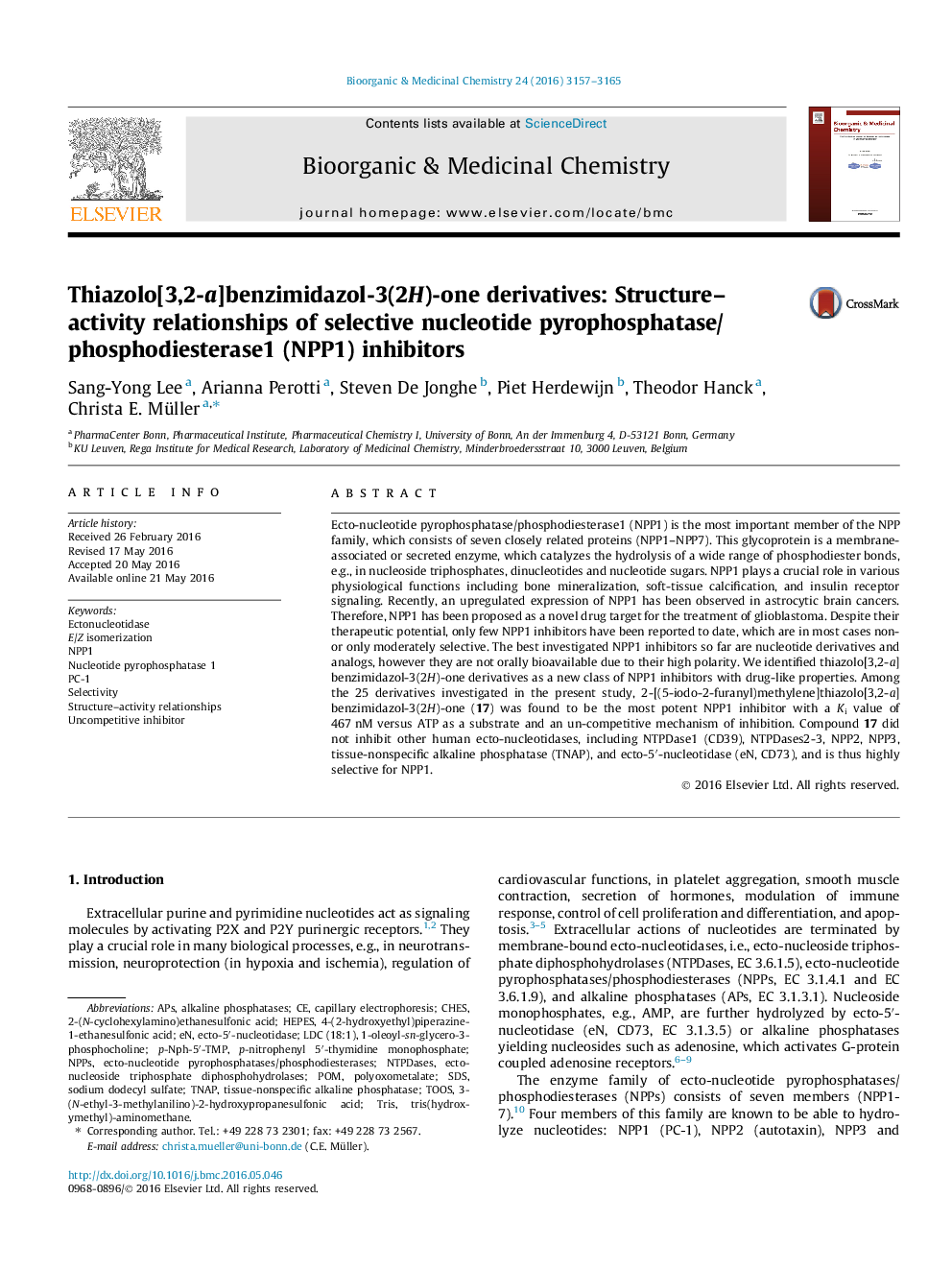 Thiazolo[3,2-a]benzimidazol-3(2H)-one derivatives: Structure–activity relationships of selective nucleotide pyrophosphatase/phosphodiesterase1 (NPP1) inhibitors