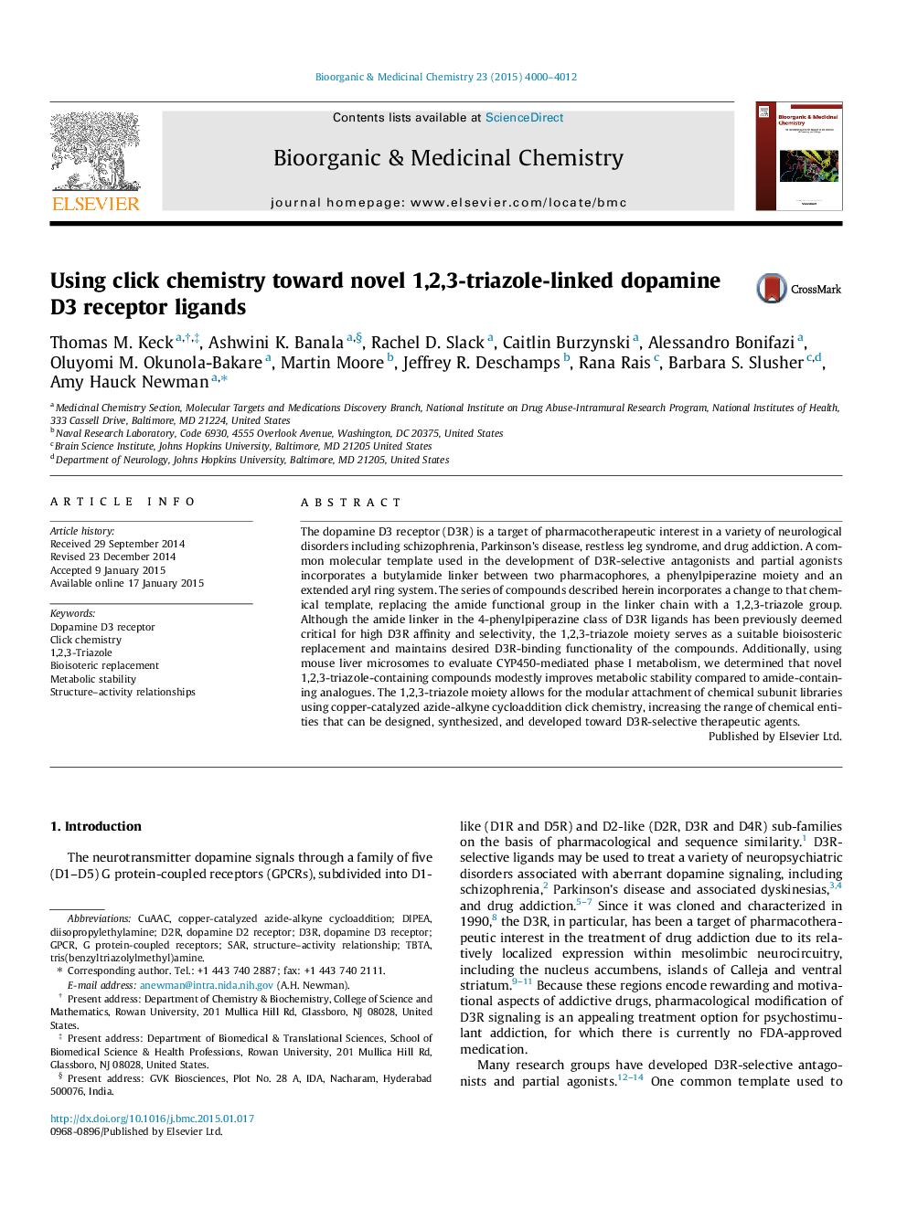 Using click chemistry toward novel 1,2,3-triazole-linked dopamine D3 receptor ligands