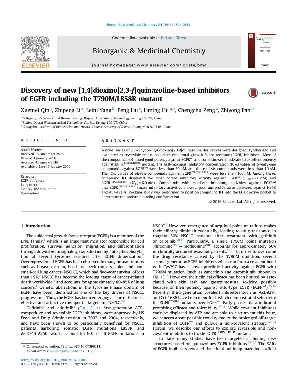 Discovery of new [1,4]dioxino[2,3-f]quinazoline-based inhibitors of EGFR including the T790M/L858R mutant