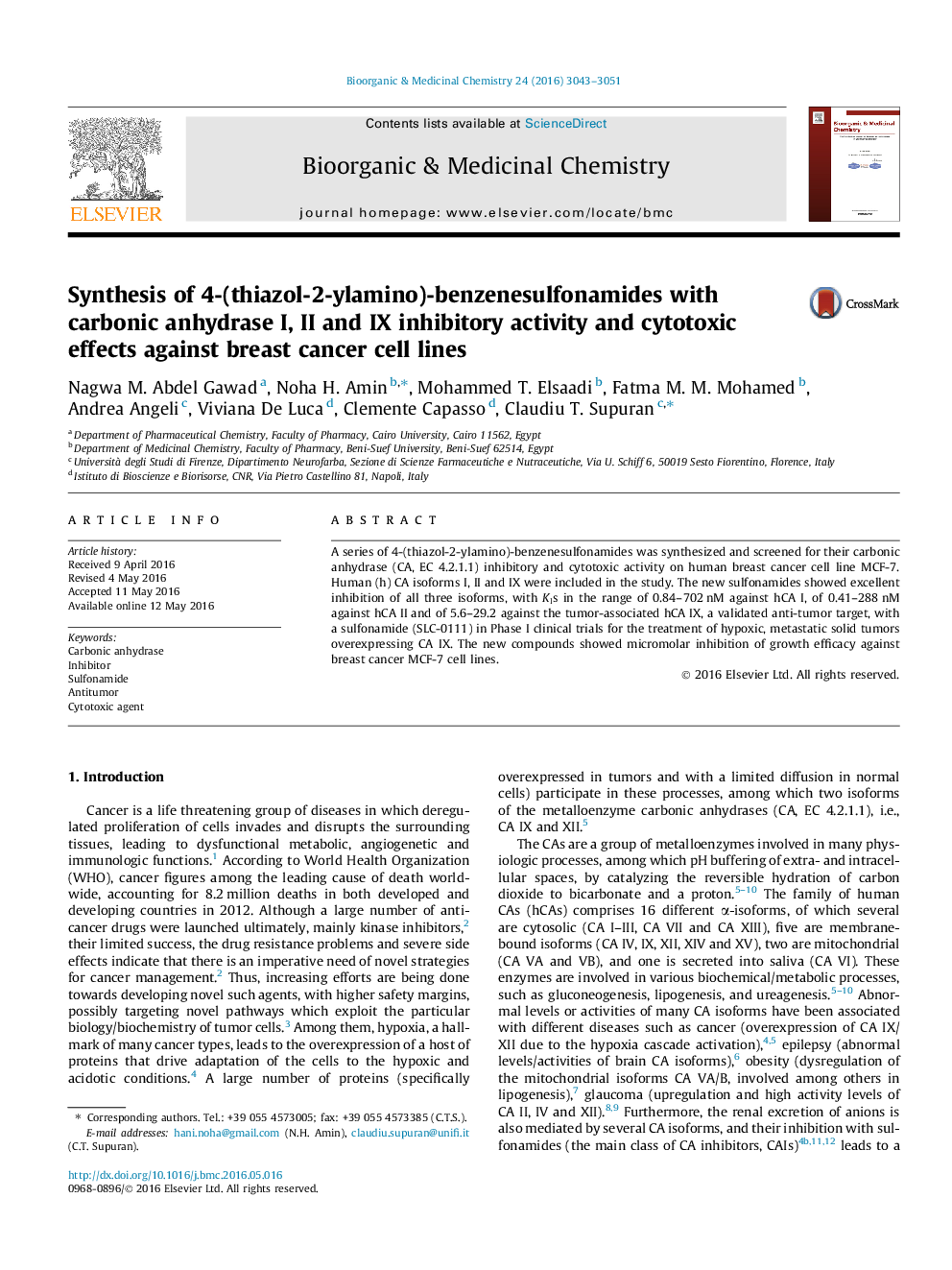 Synthesis of 4-(thiazol-2-ylamino)-benzenesulfonamides with carbonic anhydrase I, II and IX inhibitory activity and cytotoxic effects against breast cancer cell lines