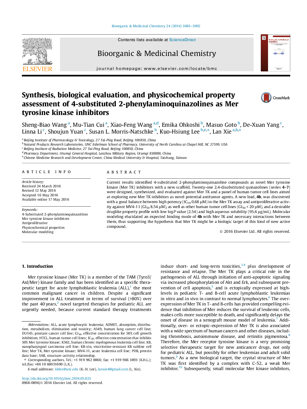 عکس صفحه اول مقاله: Synthesis, biological evaluation, and physicochemical property assessment of 4-substituted 2-phenylaminoquinazolines as Mer tyrosine kinase inhibitors Synthesis, biological evaluation, and physicochemical property assessment of 4-substituted 2-phenylaminoquinazolines as Mer tyrosine kinase inhibitors