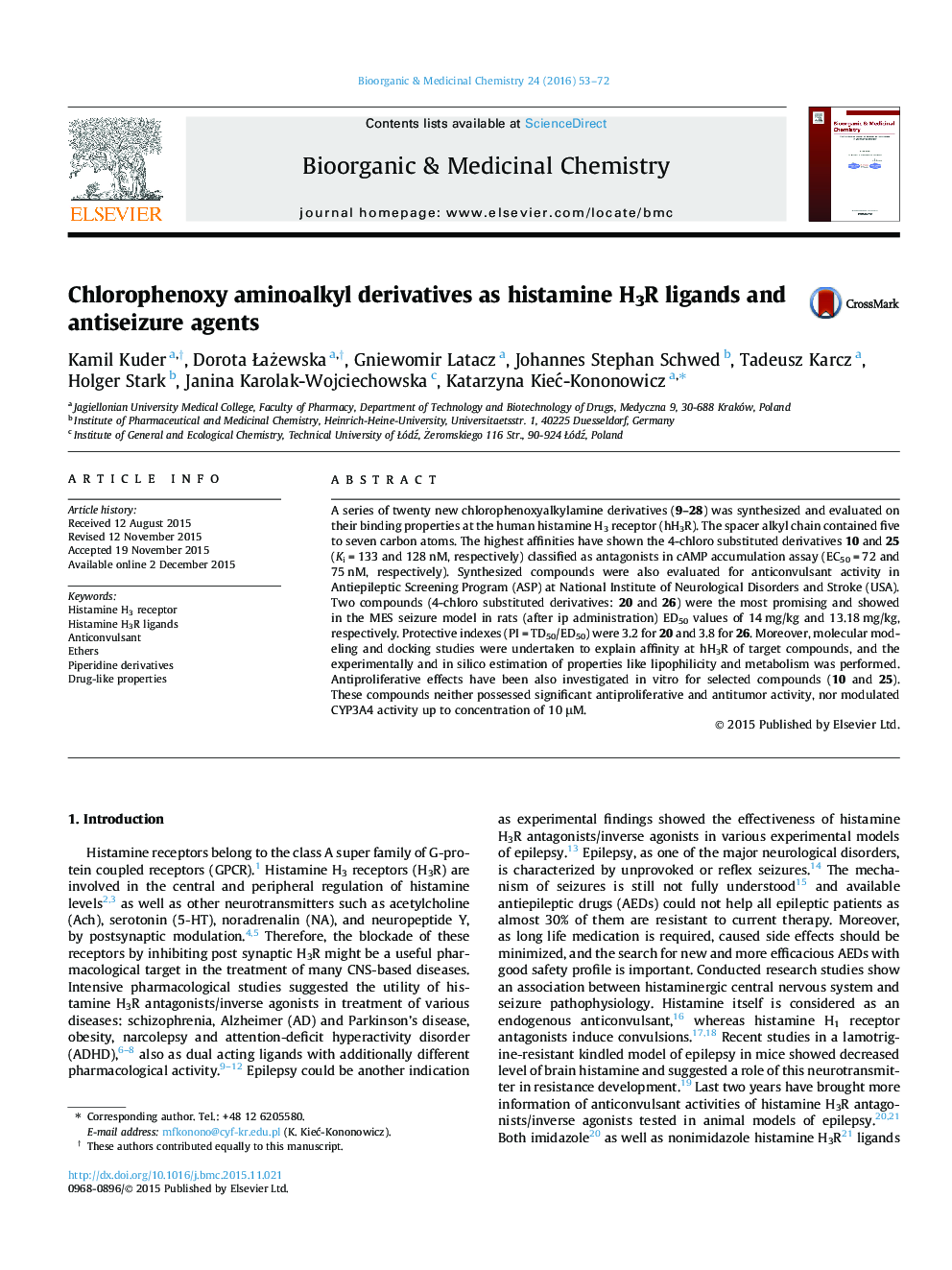 Chlorophenoxy aminoalkyl derivatives as histamine H3R ligands and antiseizure agents