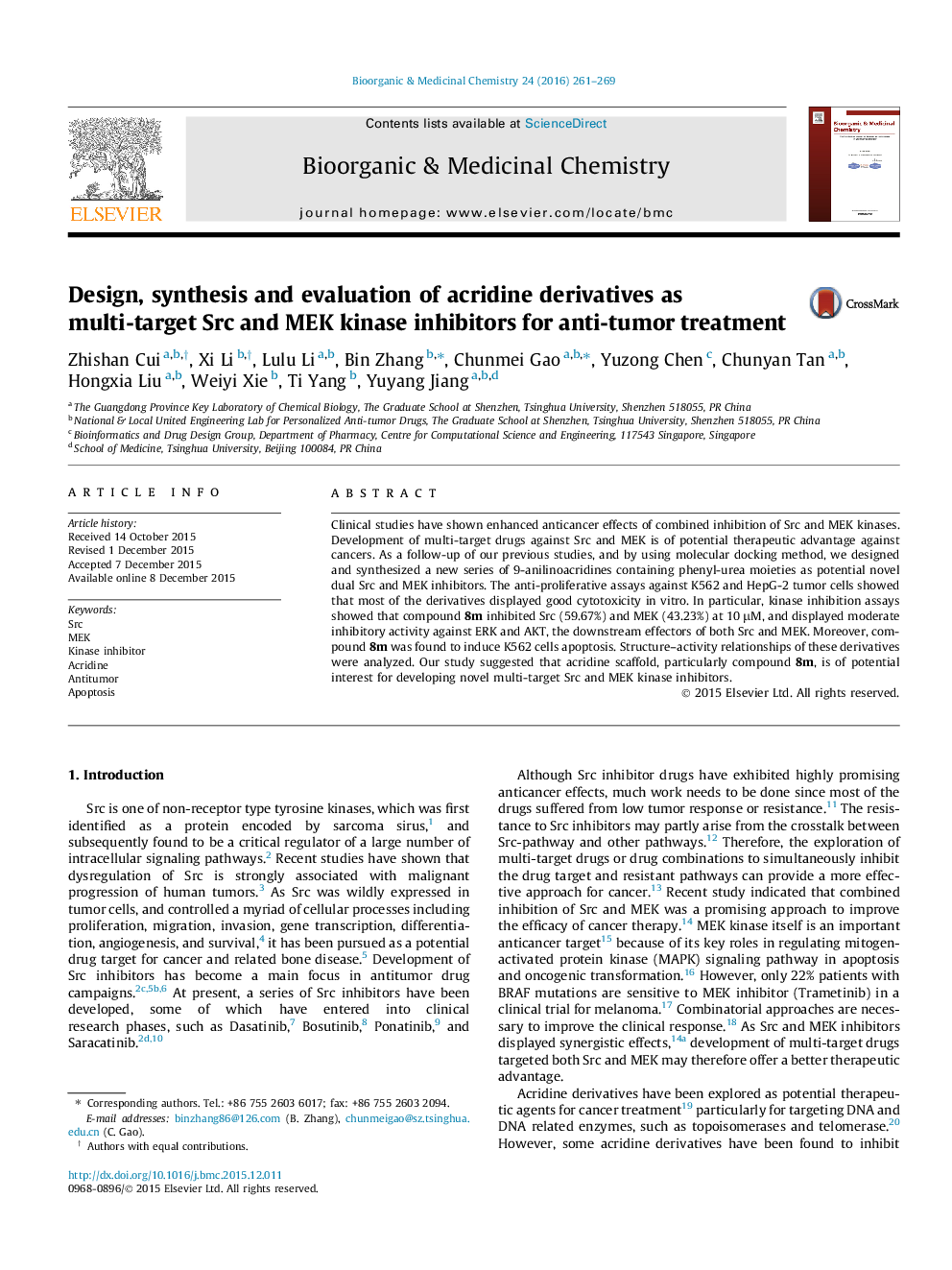 عکس صفحه اول مقاله: Design, synthesis and evaluation of acridine derivatives as multi-target Src and MEK kinase inhibitors for anti-tumor treatment Design, synthesis and evaluation of acridine derivatives as multi-target Src and MEK kinase inhibitors for anti-tumor treatment