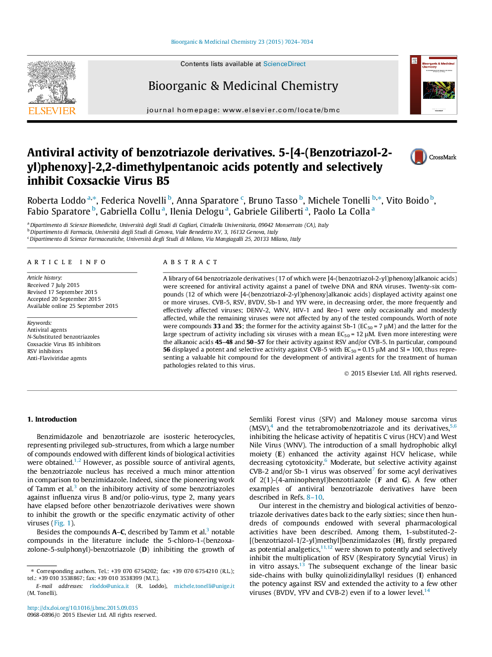 Antiviral activity of benzotriazole derivatives. 5-[4-(Benzotriazol-2-yl)phenoxy]-2,2-dimethylpentanoic acids potently and selectively inhibit Coxsackie Virus B5