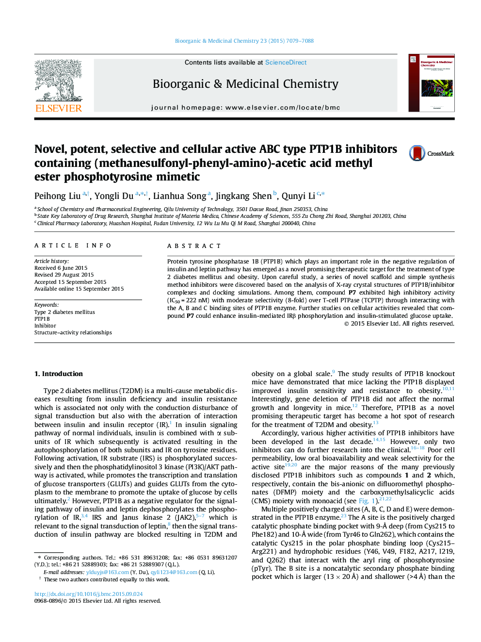 عکس صفحه اول مقاله: Novel, potent, selective and cellular active ABC type PTP1B inhibitors containing (methanesulfonyl-phenyl-amino)-acetic acid methyl ester phosphotyrosine mimetic Novel, potent, selective and cellular active ABC type PTP1B inhibitors containing (methanesulfonyl-phenyl-amino)-acetic acid methyl ester phosphotyrosine mimetic