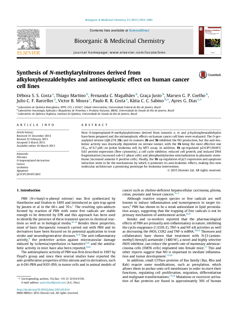 Synthesis of N-methylarylnitrones derived from alkyloxybenzaldehydes and antineoplastic effect on human cancer cell lines