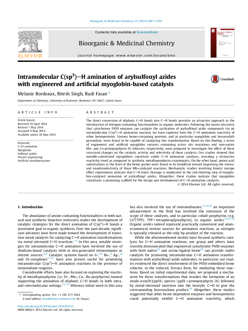 Intramolecular C(sp3)H amination of arylsulfonyl azides with engineered and artificial myoglobin-based catalysts