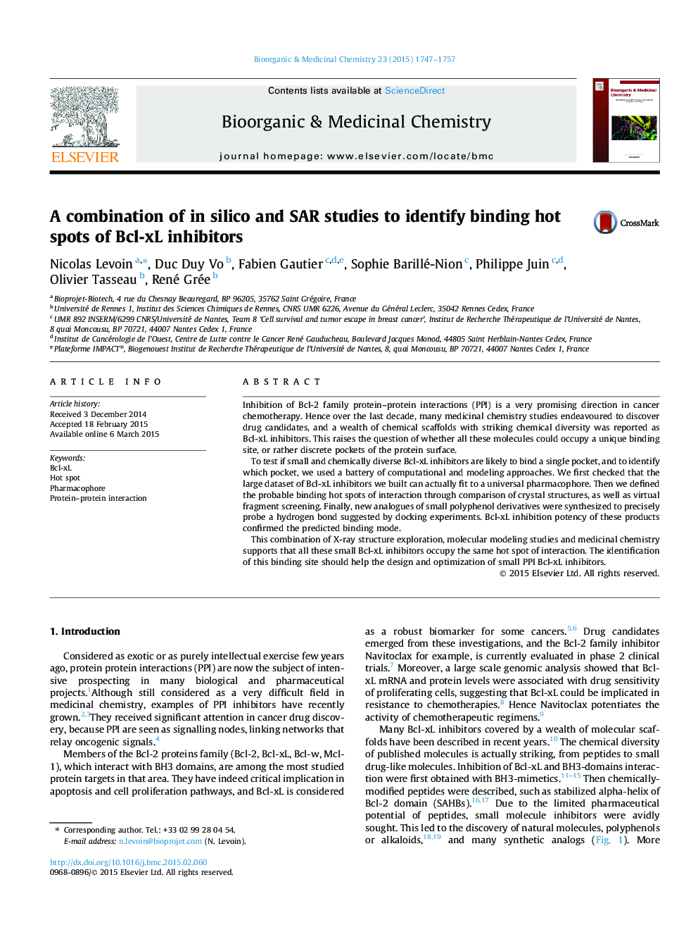 عکس صفحه اول مقاله: A combination of in silico and SAR studies to identify binding hot spots of Bcl-xL inhibitors A combination of in silico and SAR studies to identify binding hot spots of Bcl-xL inhibitors