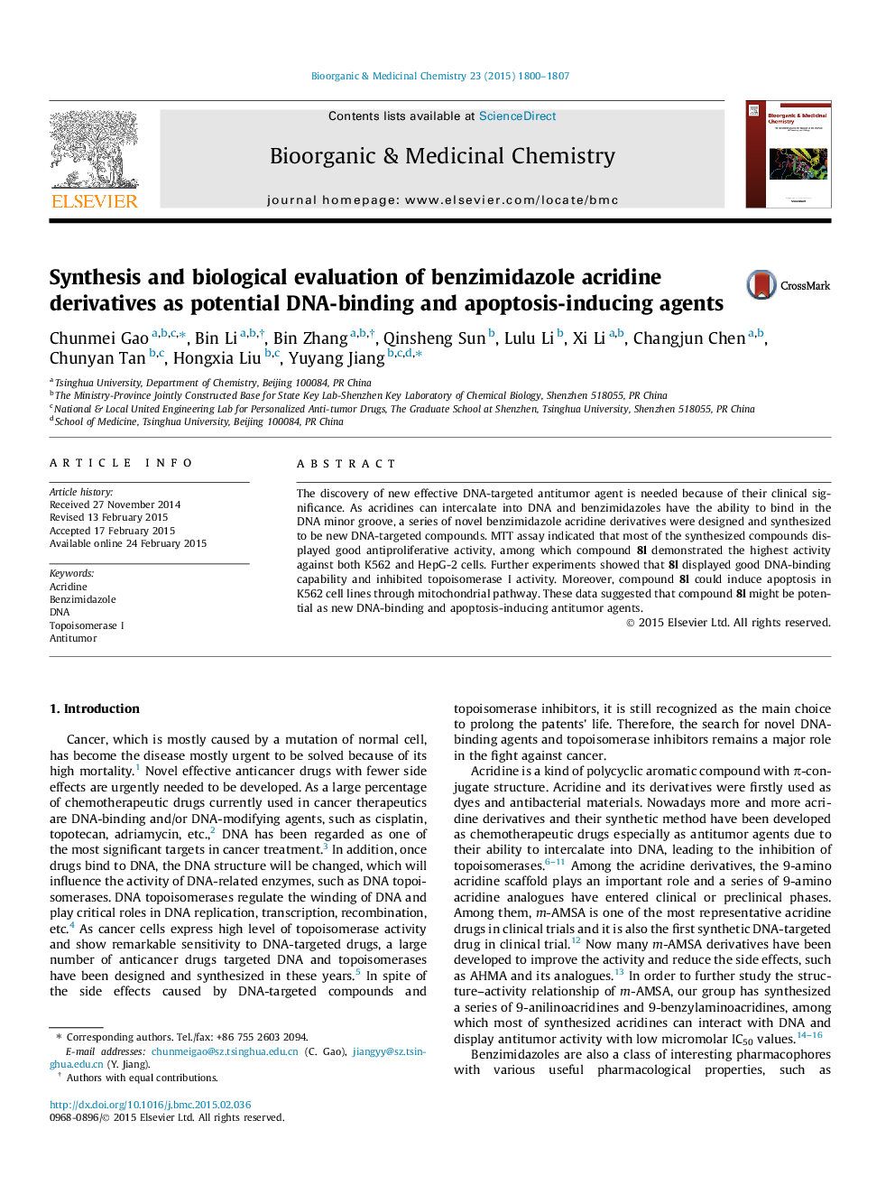 Synthesis and biological evaluation of benzimidazole acridine derivatives as potential DNA-binding and apoptosis-inducing agents