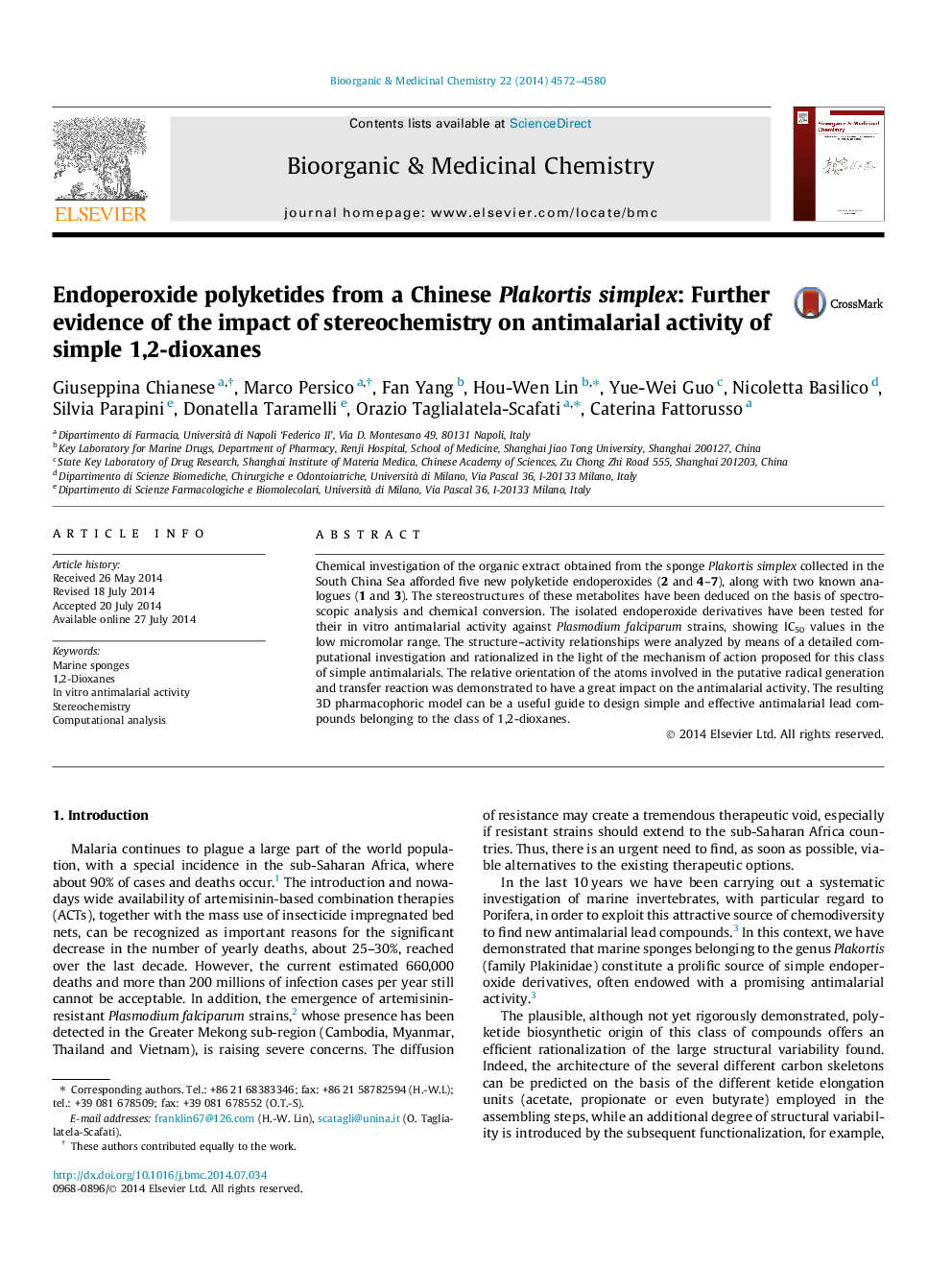 Endoperoxide polyketides from a Chinese Plakortis simplex: Further evidence of the impact of stereochemistry on antimalarial activity of simple 1,2-dioxanes