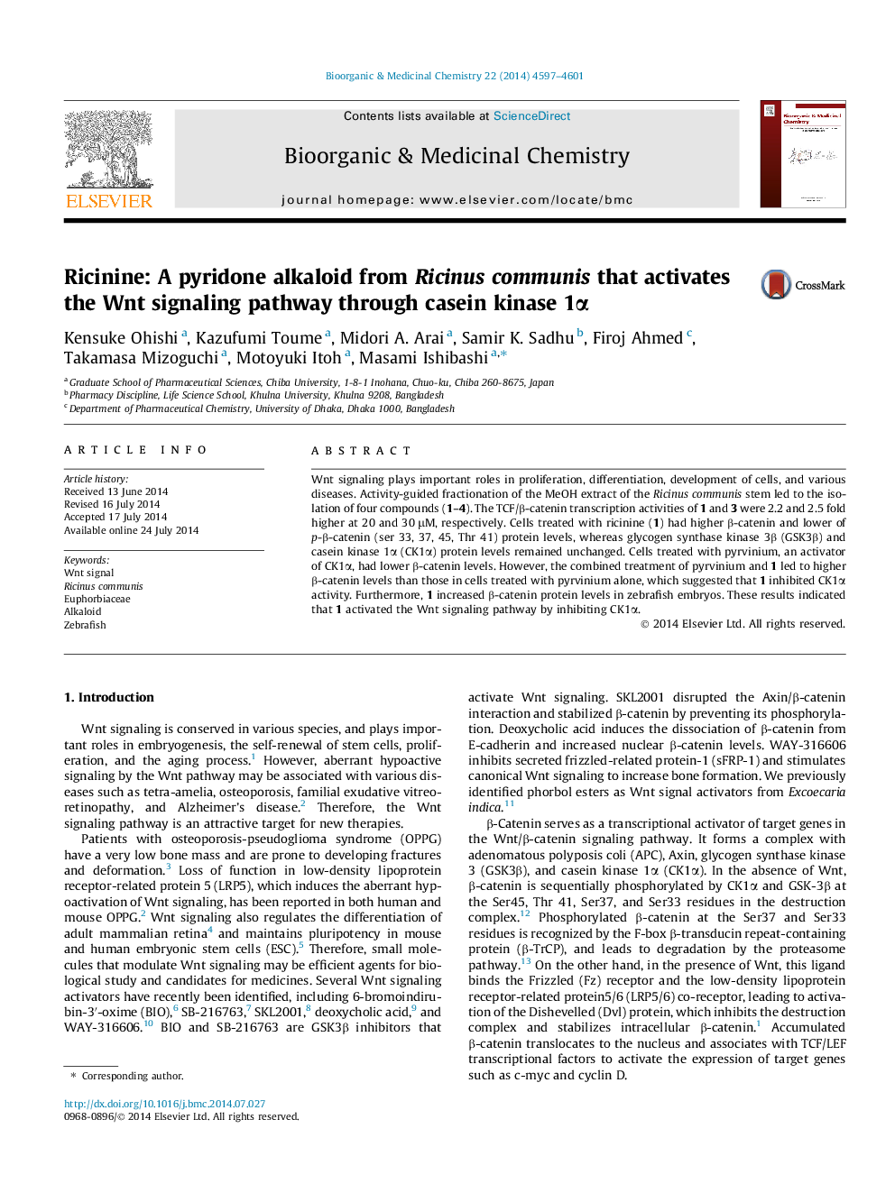 Ricinine: A pyridone alkaloid from Ricinus communis that activates the Wnt signaling pathway through casein kinase 1α