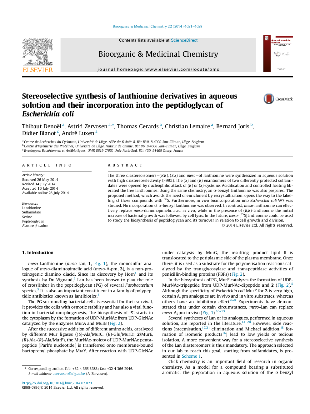 Stereoselective synthesis of lanthionine derivatives in aqueous solution and their incorporation into the peptidoglycan of Escherichia coli