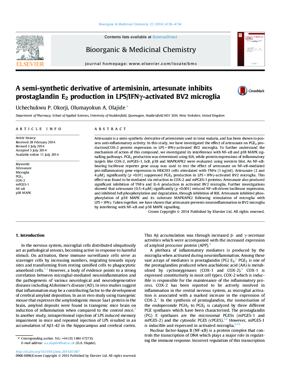 A semi-synthetic derivative of artemisinin, artesunate inhibits prostaglandin E2 production in LPS/IFNγ-activated BV2 microglia