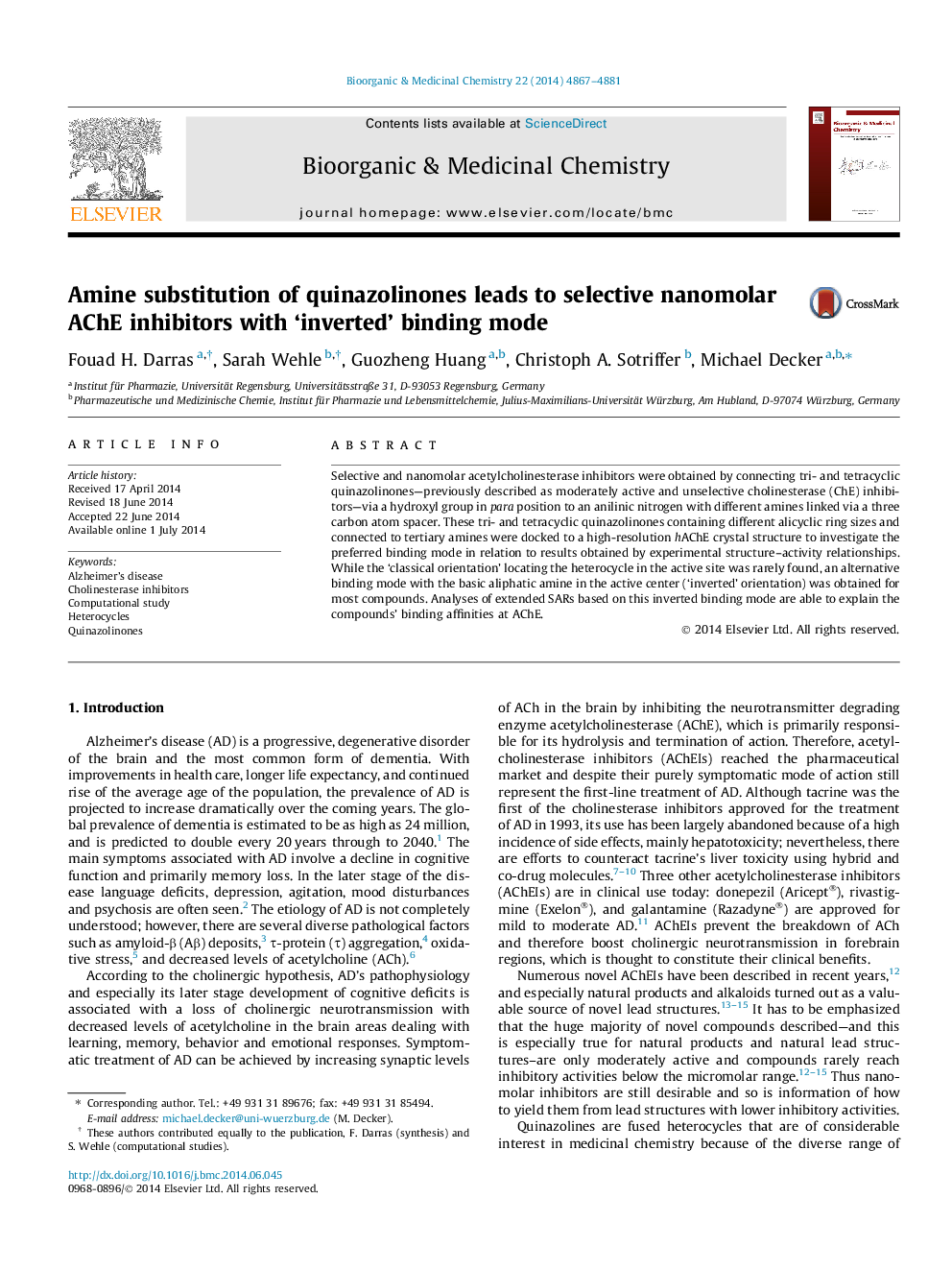 Amine substitution of quinazolinones leads to selective nanomolar AChE inhibitors with ‘inverted’ binding mode