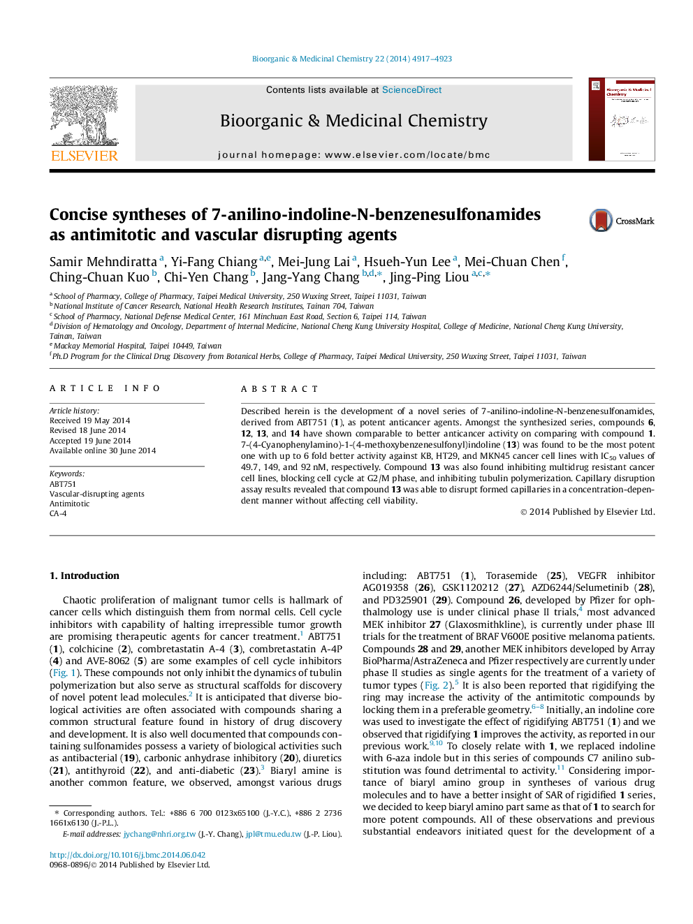 Concise syntheses of 7-anilino-indoline-N-benzenesulfonamides as antimitotic and vascular disrupting agents