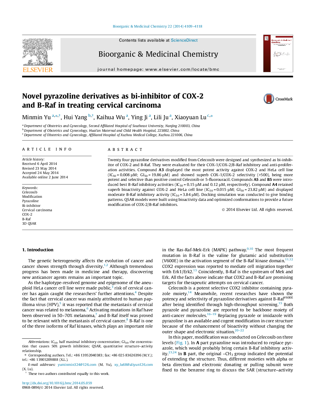 Novel pyrazoline derivatives as bi-inhibitor of COX-2 and B-Raf in treating cervical carcinoma