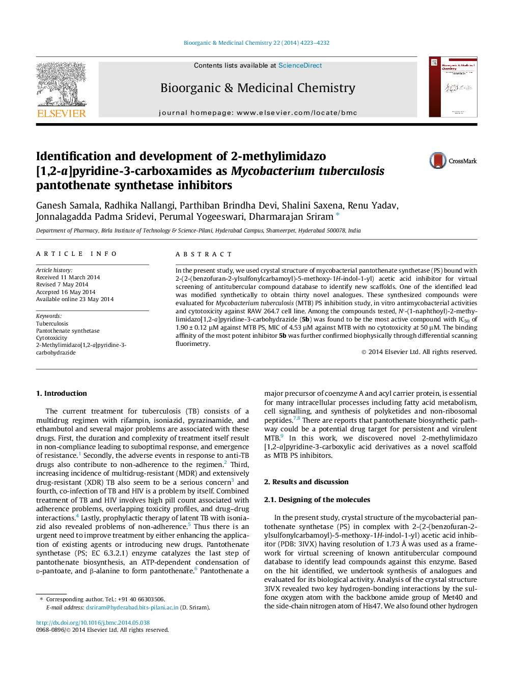 Identification and development of 2-methylimidazo[1,2-a]pyridine-3-carboxamides as Mycobacterium tuberculosis pantothenate synthetase inhibitors