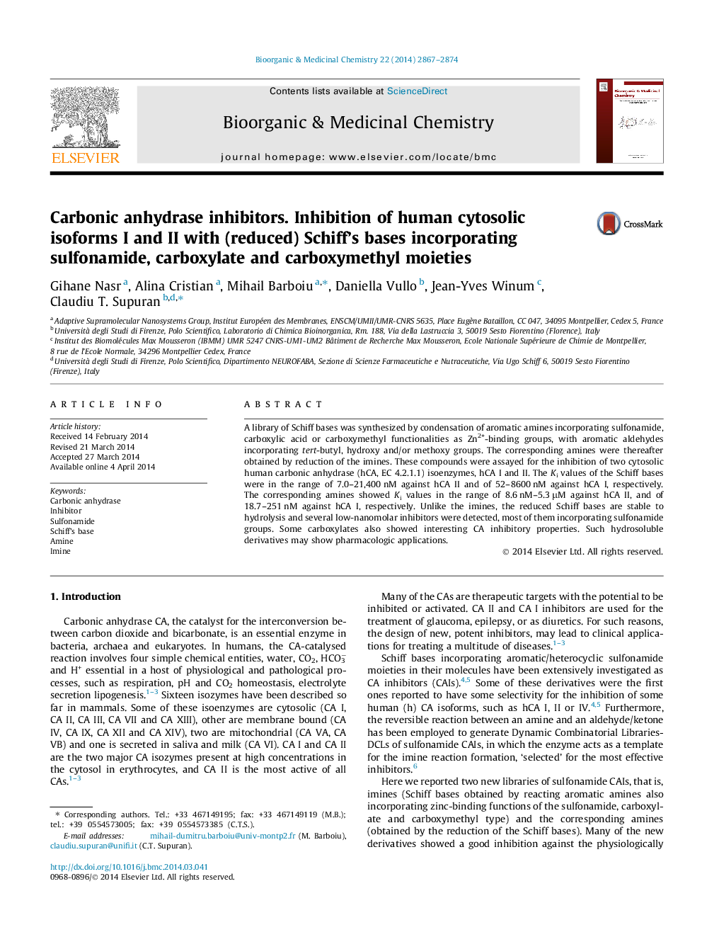 Carbonic anhydrase inhibitors. Inhibition of human cytosolic isoforms I and II with (reduced) Schiff’s bases incorporating sulfonamide, carboxylate and carboxymethyl moieties