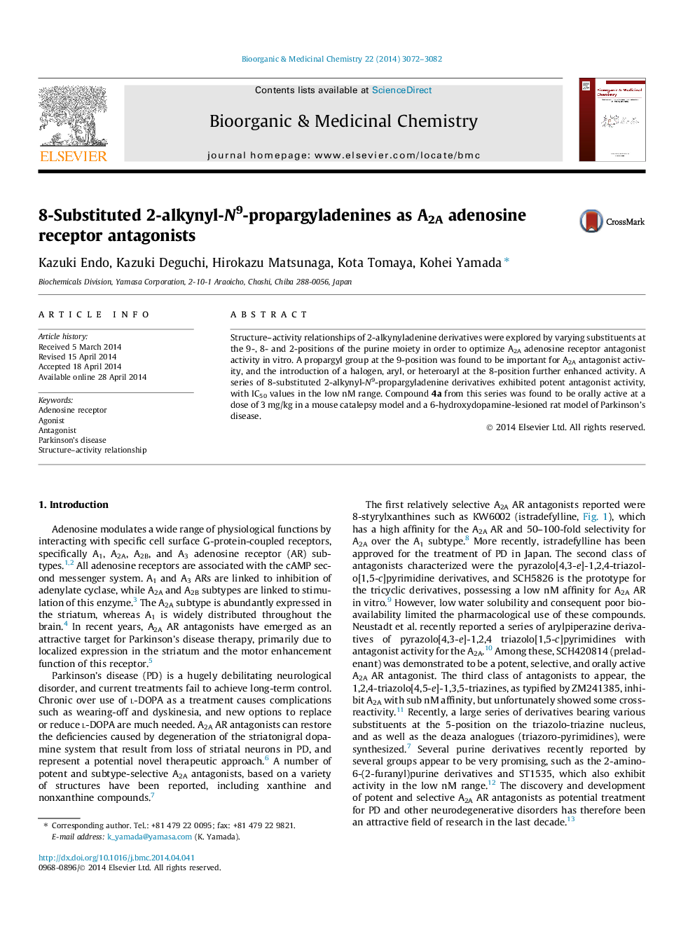 8-Substituted 2-alkynyl-N9-propargyladenines as A2A adenosine receptor antagonists