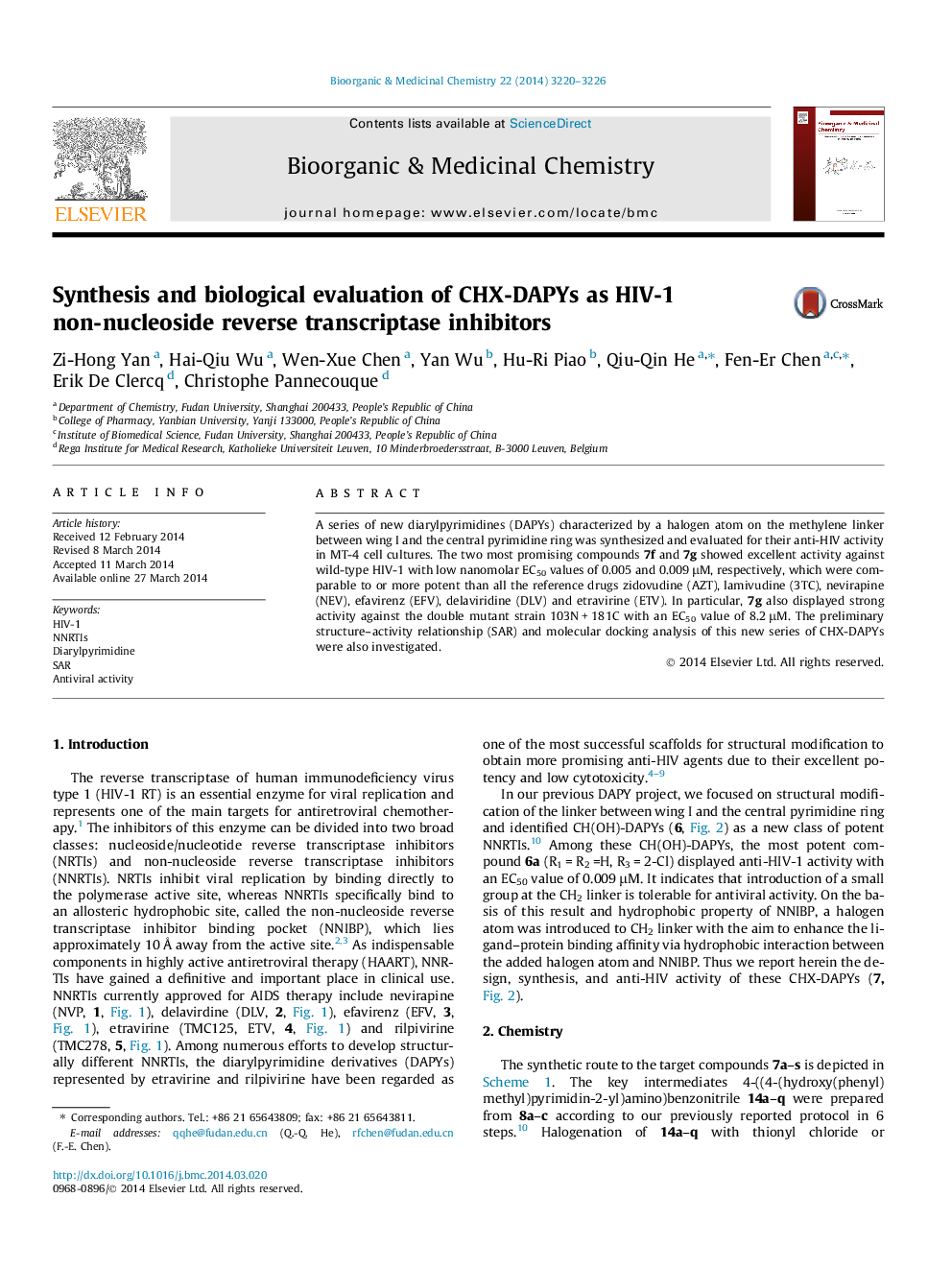 Synthesis and biological evaluation of CHX-DAPYs as HIV-1 non-nucleoside reverse transcriptase inhibitors