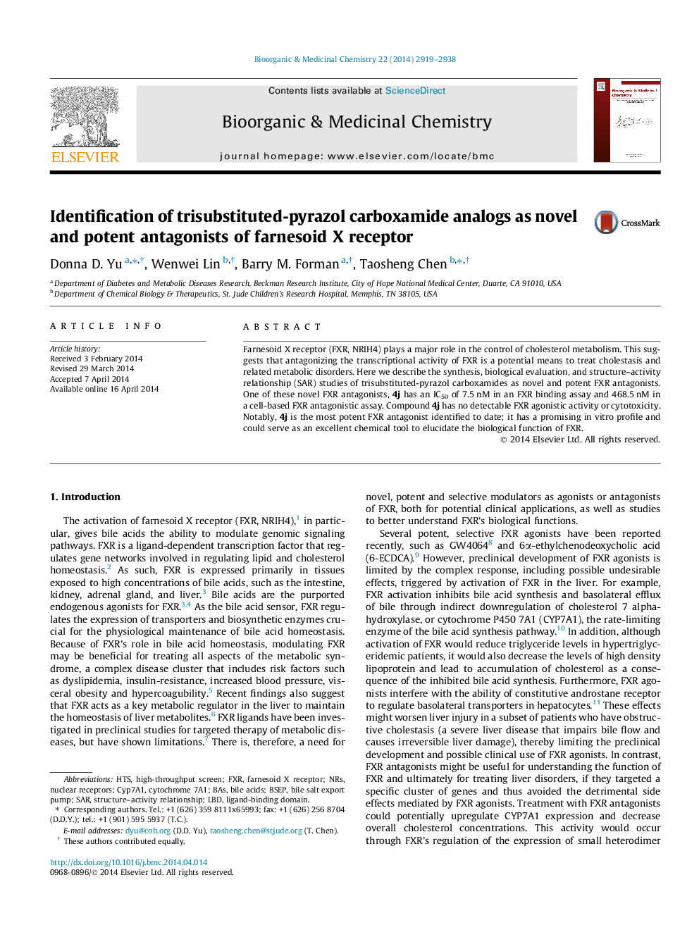 Identification of trisubstituted-pyrazol carboxamide analogs as novel and potent antagonists of farnesoid X receptor