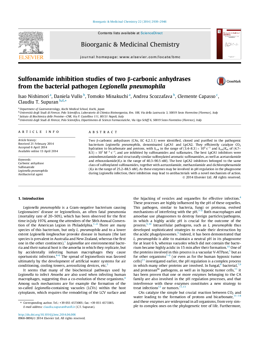 Sulfonamide inhibition studies of two β-carbonic anhydrases from the bacterial pathogen Legionella pneumophila