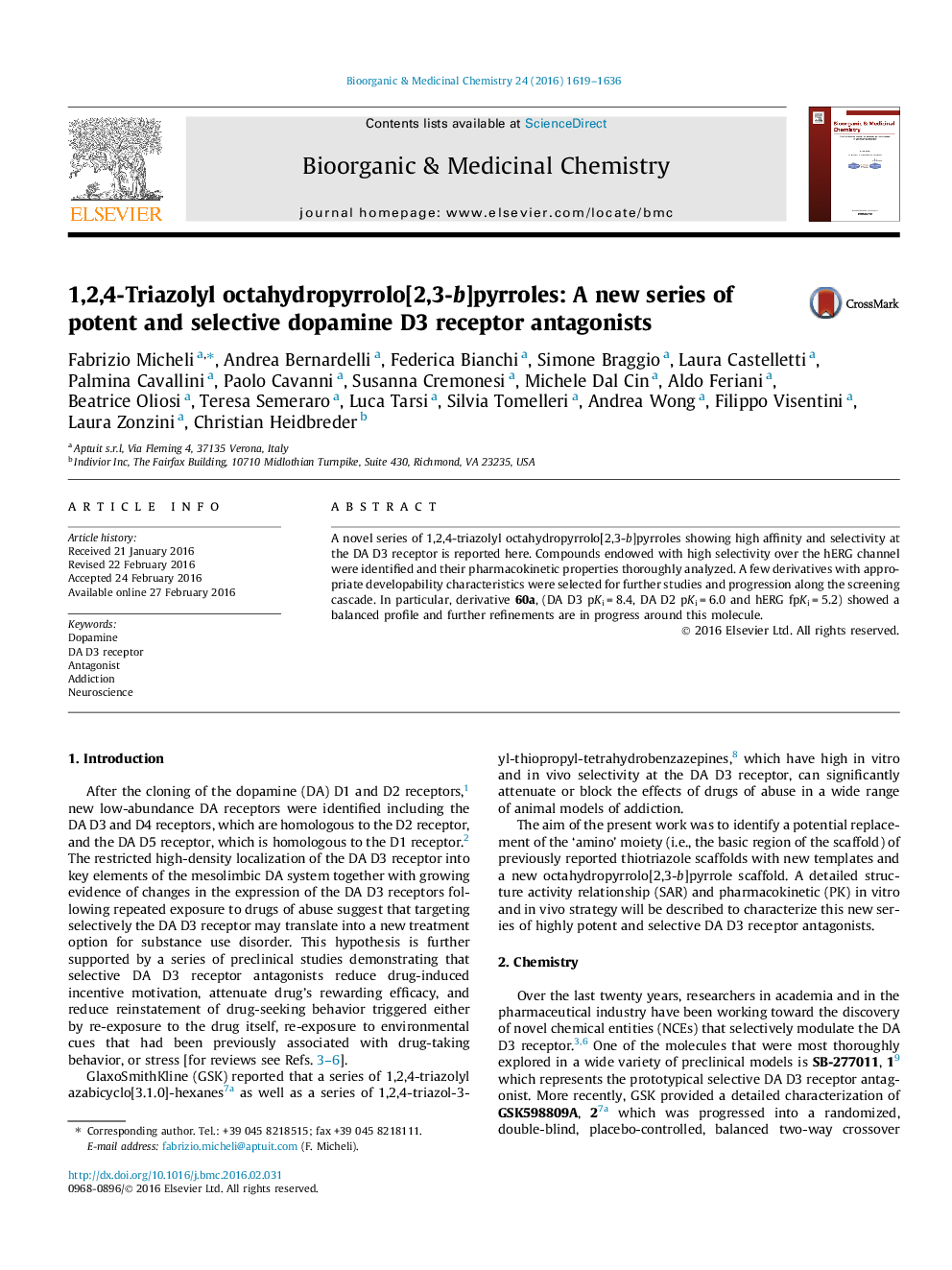 1,2,4-Triazolyl octahydropyrrolo[2,3-b]pyrroles: A new series of potent and selective dopamine D3 receptor antagonists