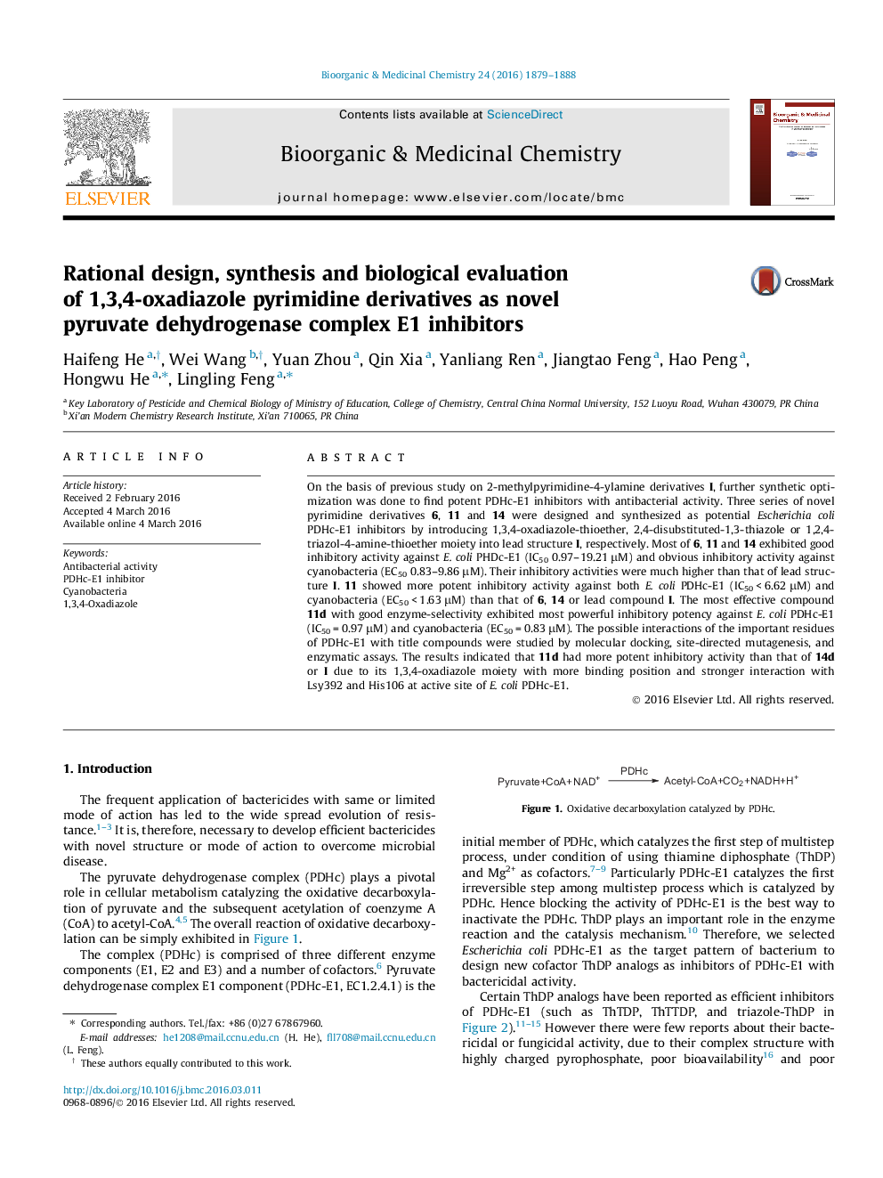 Rational design, synthesis and biological evaluation of 1,3,4-oxadiazole pyrimidine derivatives as novel pyruvate dehydrogenase complex E1 inhibitors