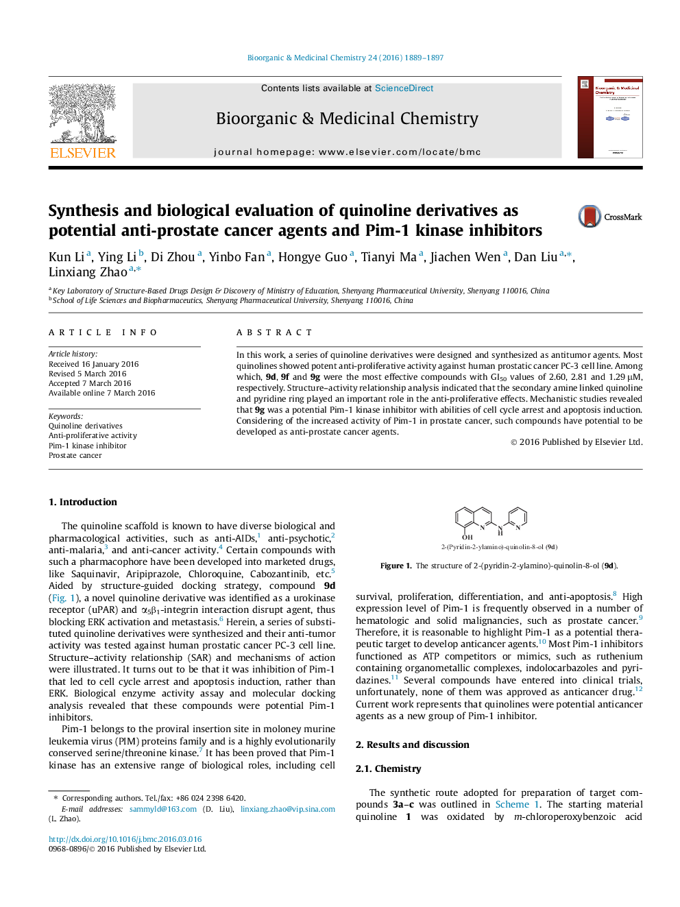 Synthesis and biological evaluation of quinoline derivatives as potential anti-prostate cancer agents and Pim-1 kinase inhibitors