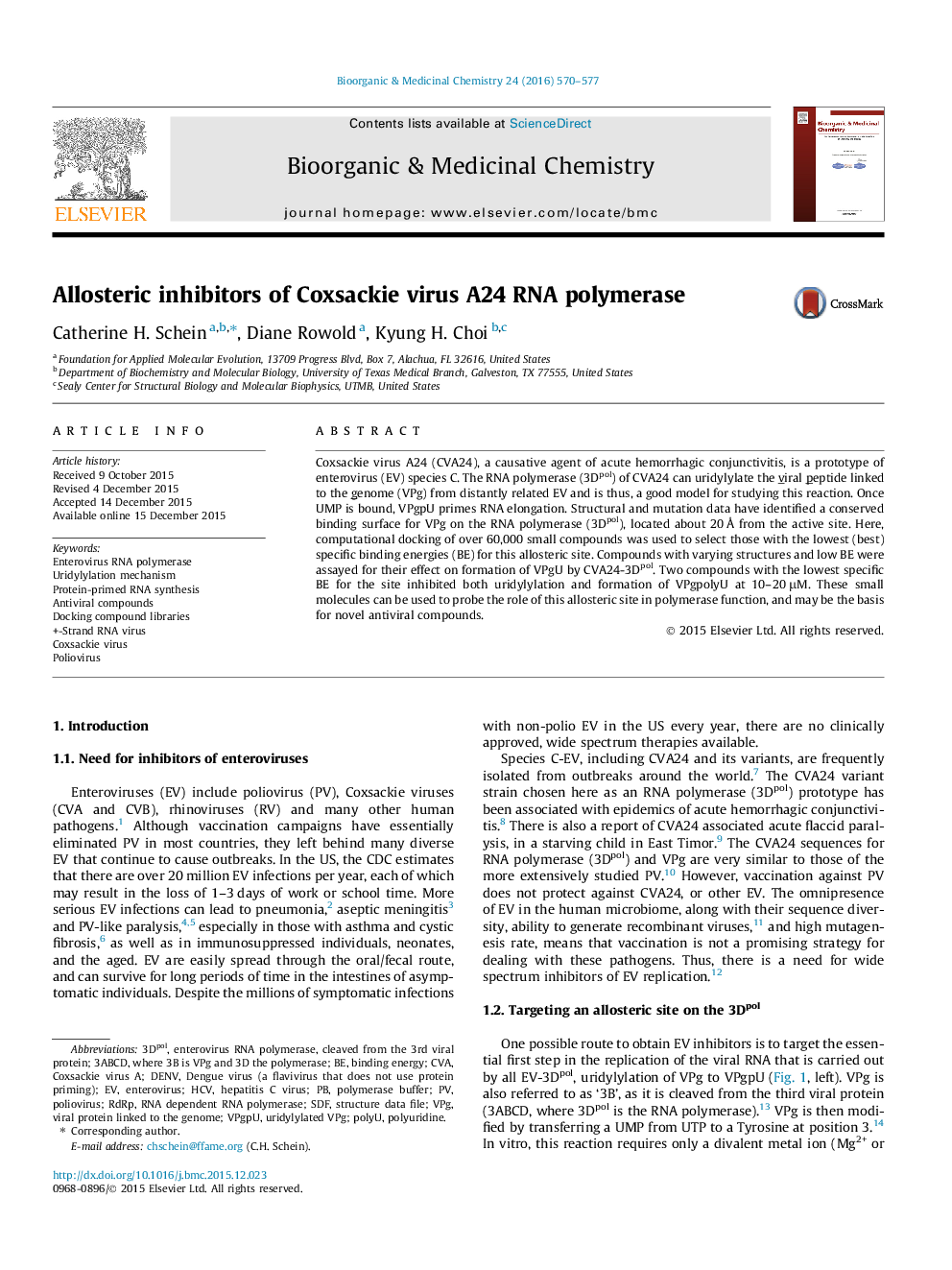 Allosteric inhibitors of Coxsackie virus A24 RNA polymerase