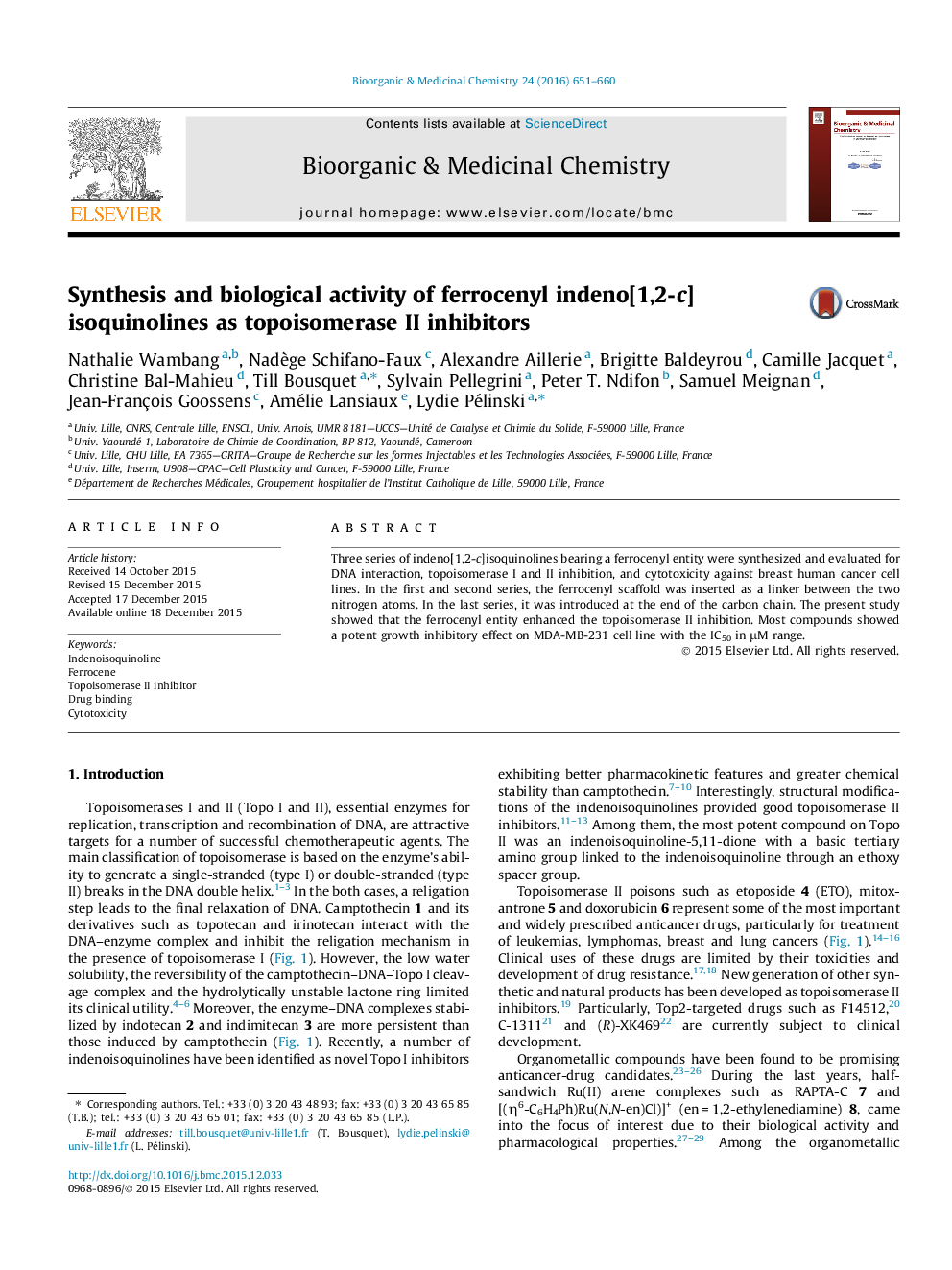 Synthesis and biological activity of ferrocenyl indeno[1,2-c]isoquinolines as topoisomerase II inhibitors