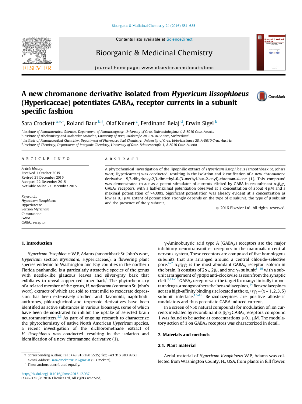 A new chromanone derivative isolated from Hypericum lissophloeus (Hypericaceae) potentiates GABAA receptor currents in a subunit specific fashion