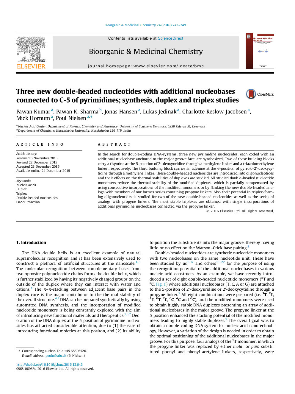 Three new double-headed nucleotides with additional nucleobases connected to C-5 of pyrimidines; synthesis, duplex and triplex studies