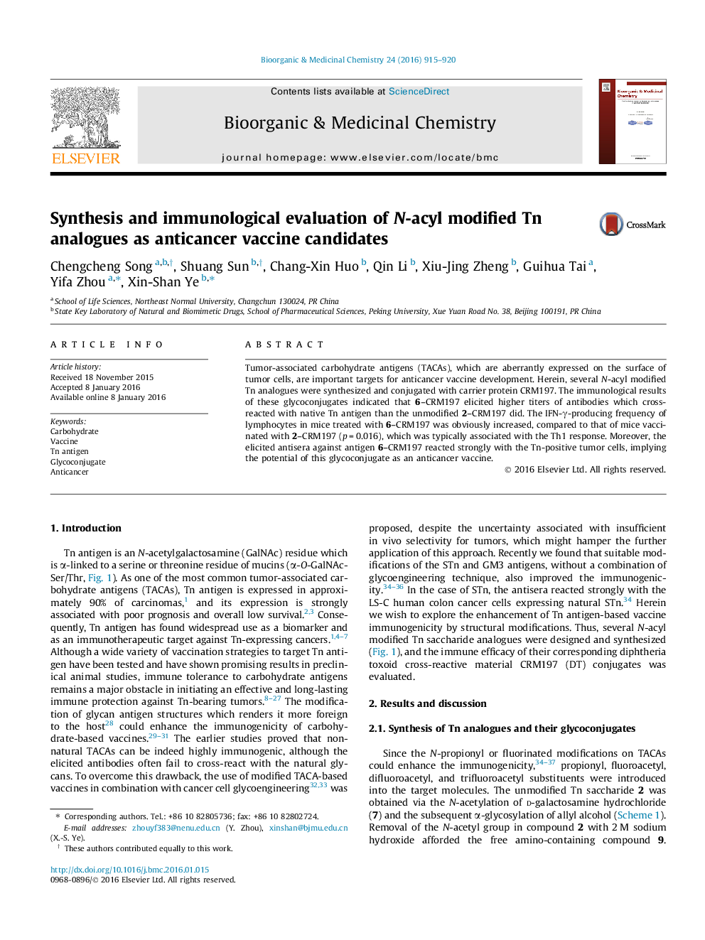 Synthesis and immunological evaluation of N-acyl modified Tn analogues as anticancer vaccine candidates