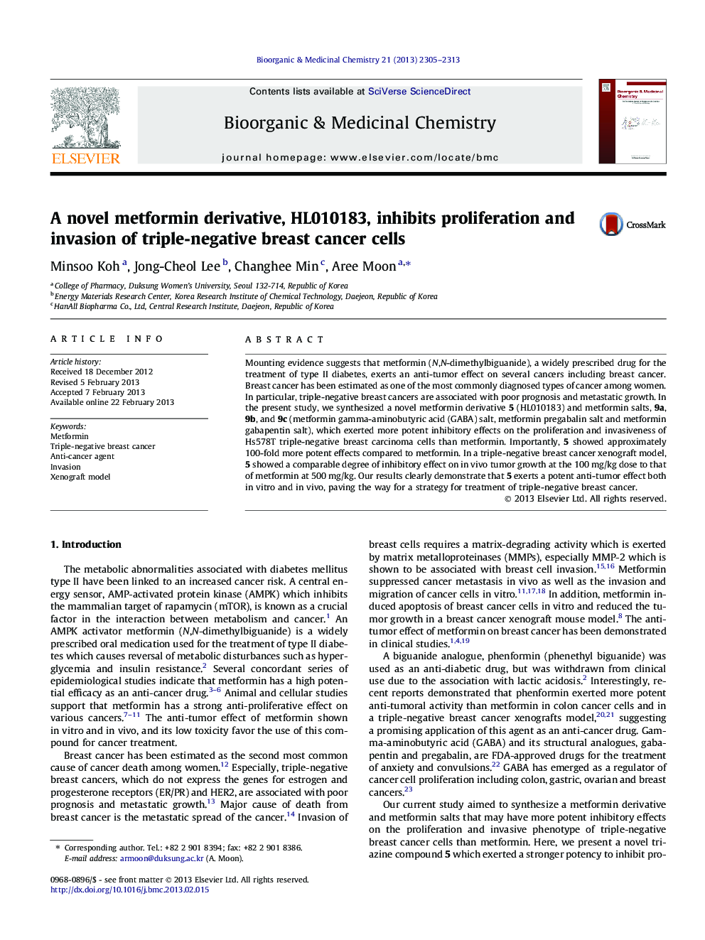 A novel metformin derivative, HL010183, inhibits proliferation and invasion of triple-negative breast cancer cells