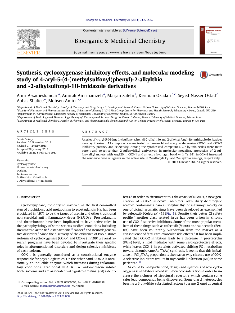 Synthesis, cyclooxygenase inhibitory effects, and molecular modeling study of 4-aryl-5-(4-(methylsulfonyl)phenyl)-2-alkylthio and -2-alkylsulfonyl-1H-imidazole derivatives