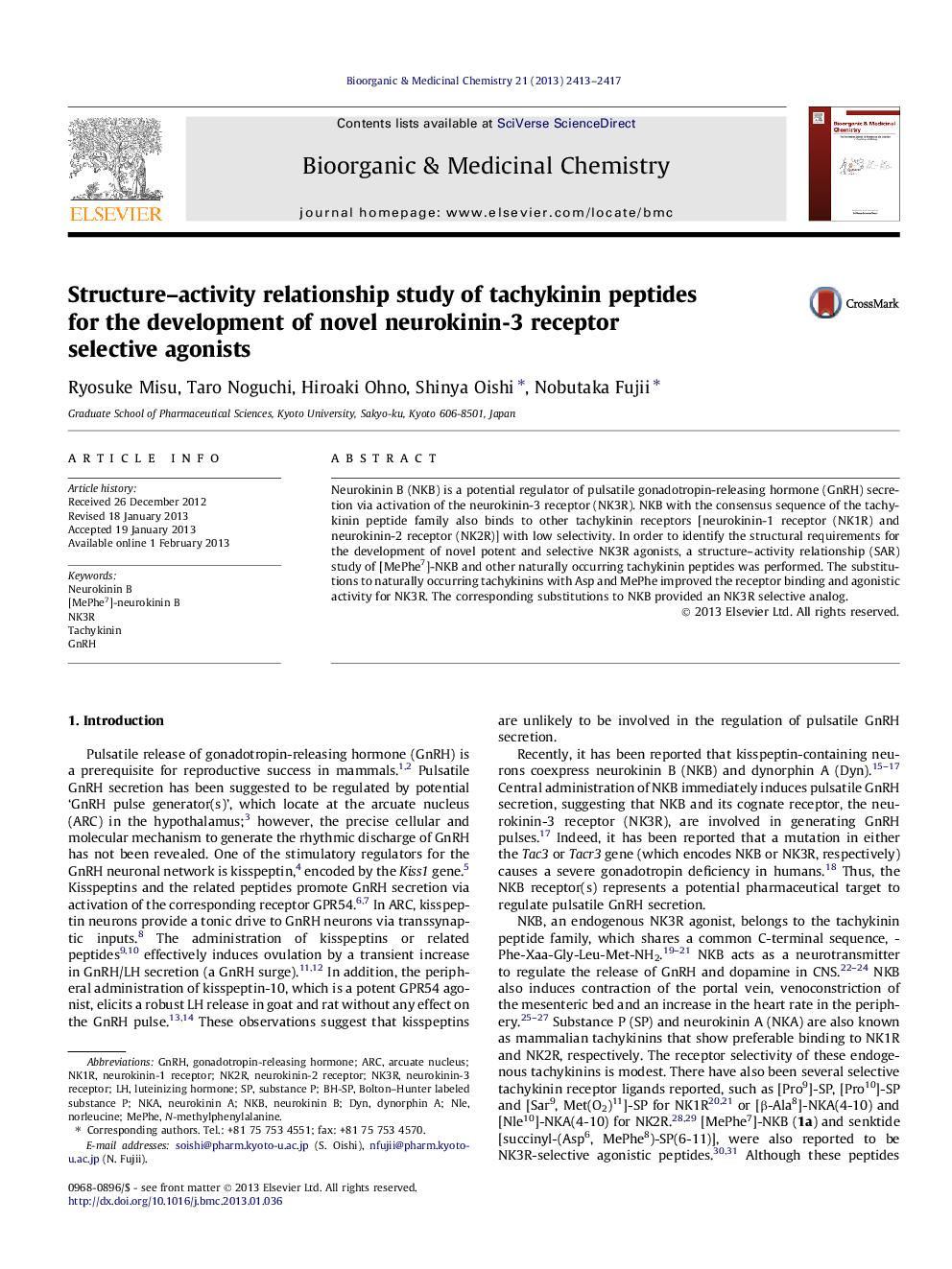 Structure–activity relationship study of tachykinin peptides for the development of novel neurokinin-3 receptor selective agonists