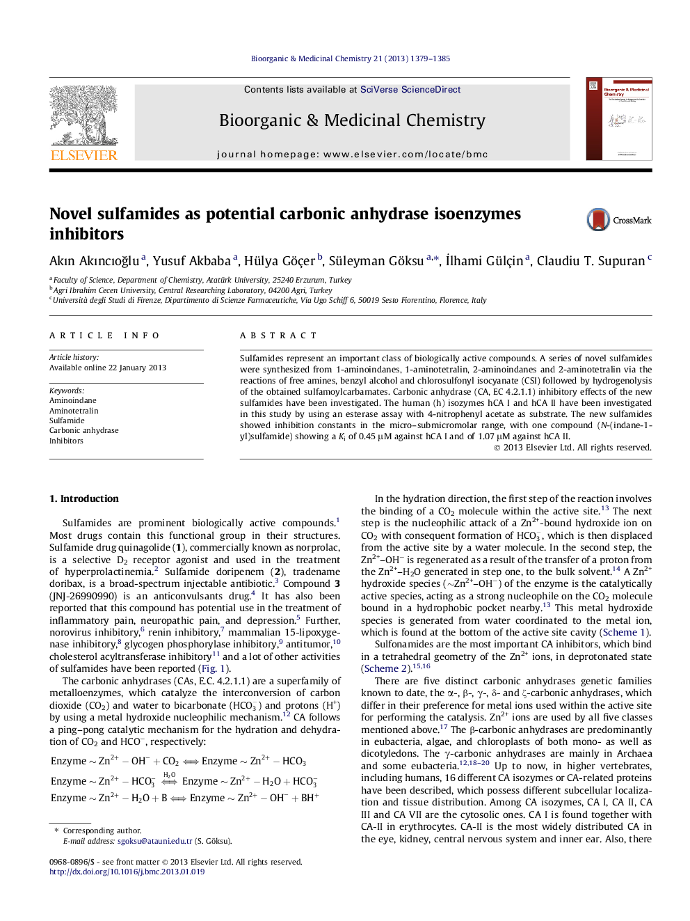 Novel sulfamides as potential carbonic anhydrase isoenzymes inhibitors