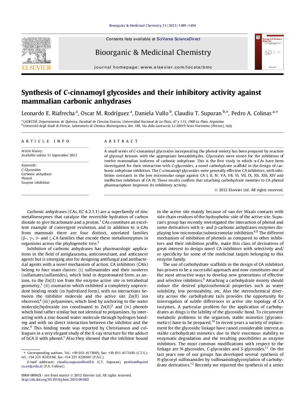 Synthesis of C-cinnamoyl glycosides and their inhibitory activity against mammalian carbonic anhydrases