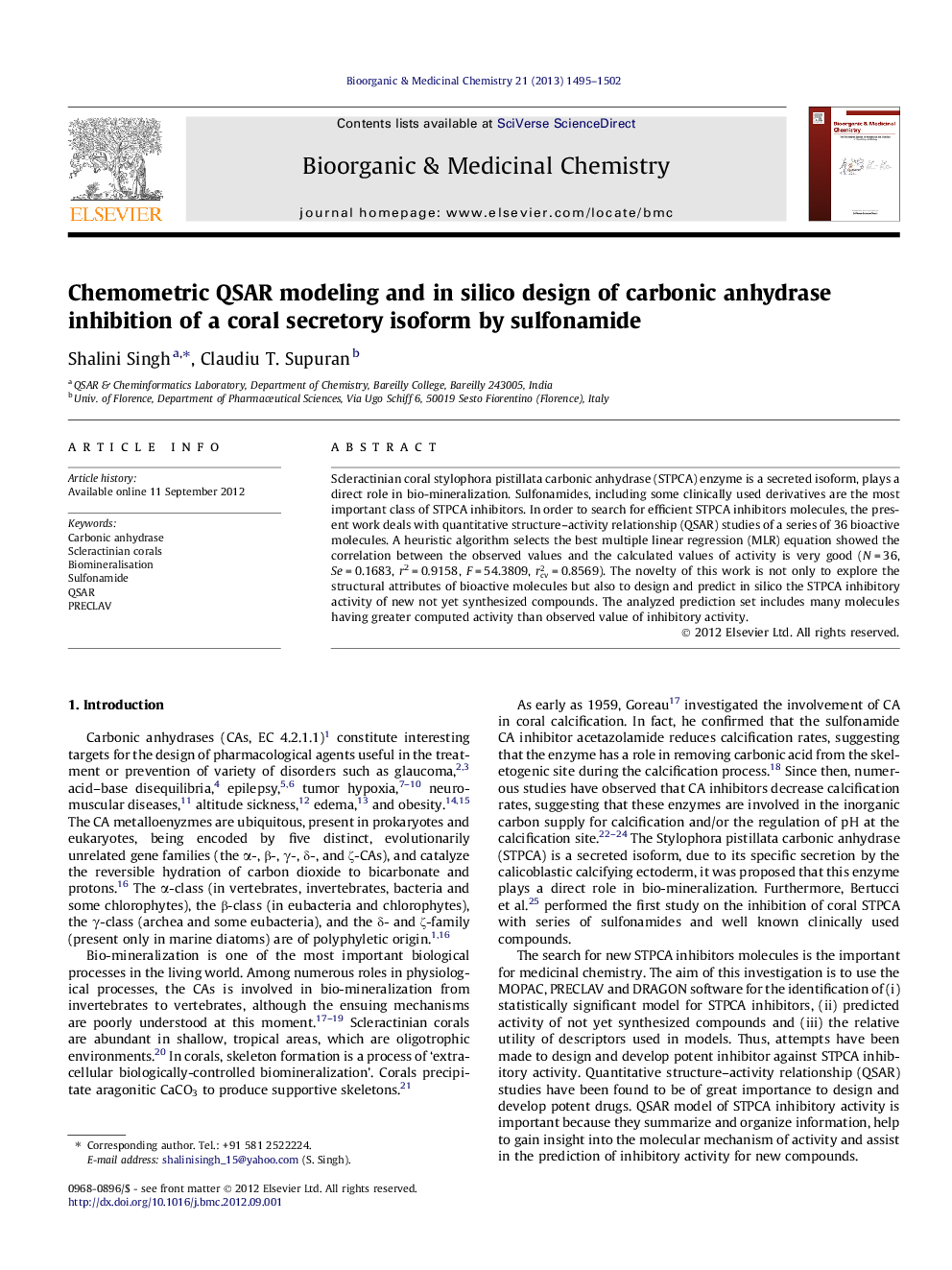 Chemometric QSAR modeling and in silico design of carbonic anhydrase inhibition of a coral secretory isoform by sulfonamide