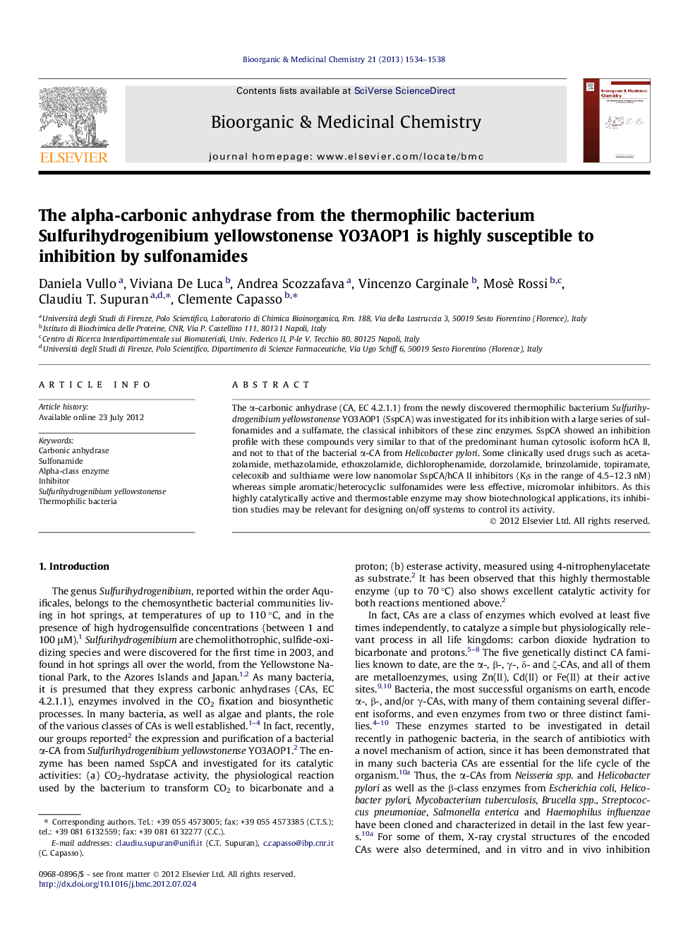 The alpha-carbonic anhydrase from the thermophilic bacterium Sulfurihydrogenibium yellowstonense YO3AOP1 is highly susceptible to inhibition by sulfonamides