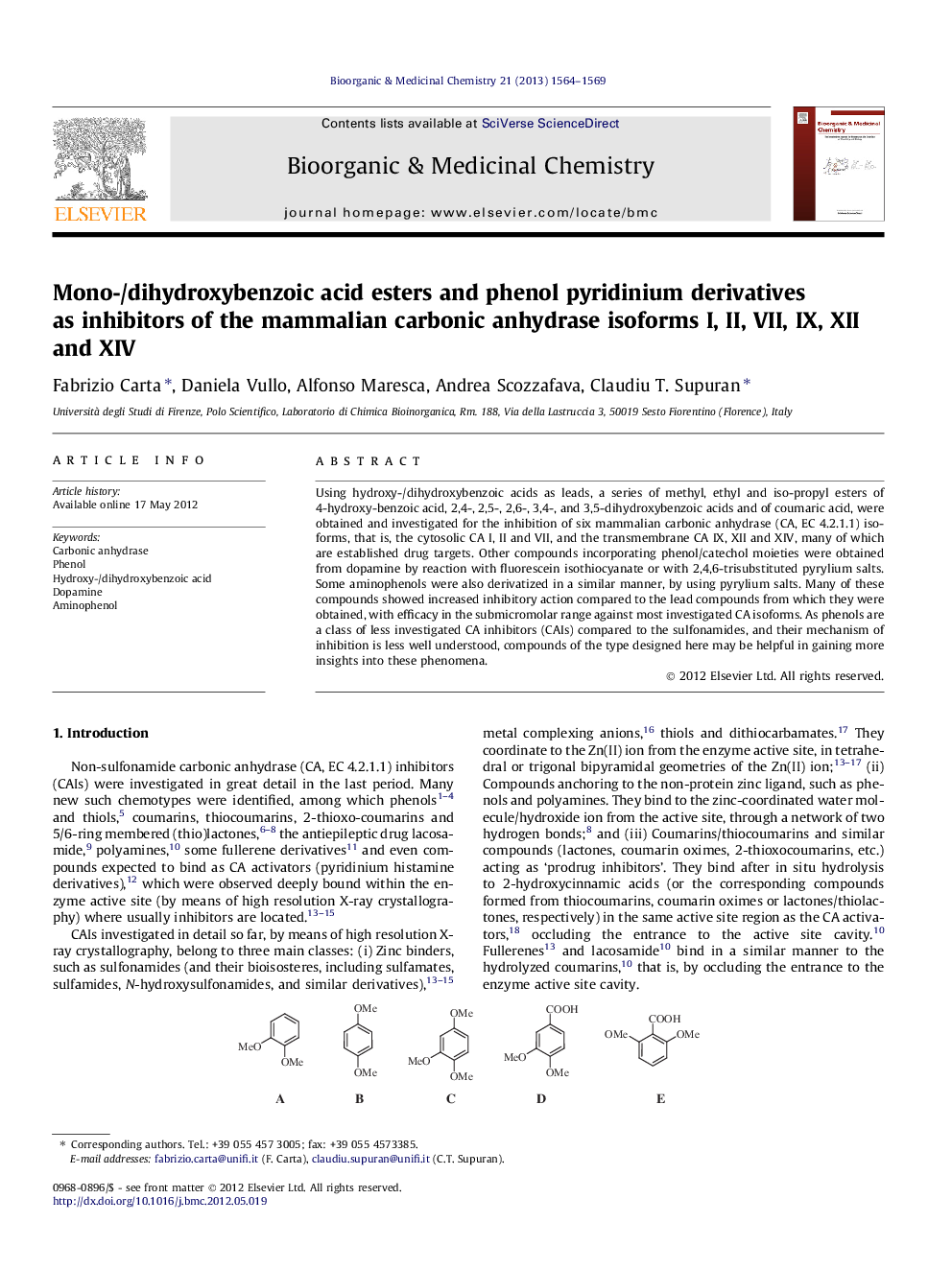 Mono-/dihydroxybenzoic acid esters and phenol pyridinium derivatives as inhibitors of the mammalian carbonic anhydrase isoforms I, II, VII, IX, XII and XIV