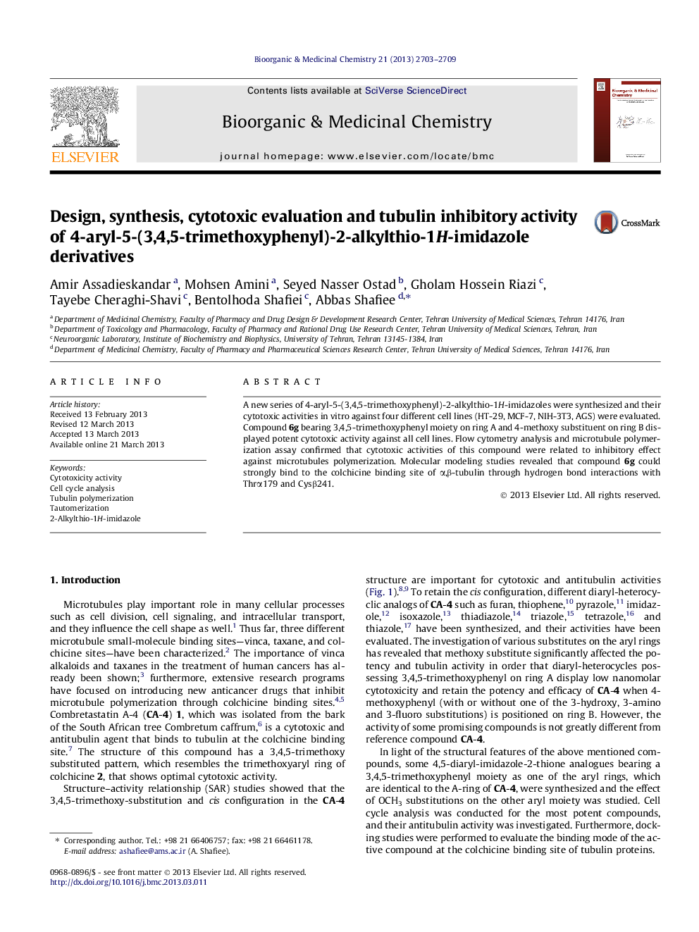 Design, synthesis, cytotoxic evaluation and tubulin inhibitory activity of 4-aryl-5-(3,4,5-trimethoxyphenyl)-2-alkylthio-1H-imidazole derivatives