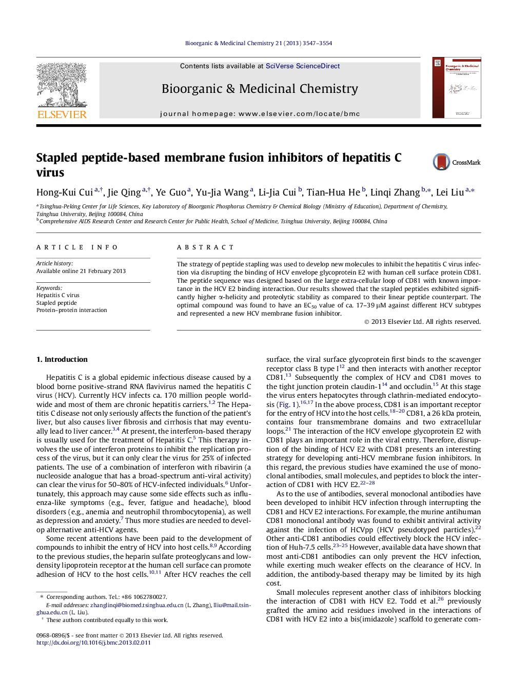 عکس صفحه اول مقاله: Stapled peptide-based membrane fusion inhibitors of hepatitis C virus Stapled peptide-based membrane fusion inhibitors of hepatitis C virus