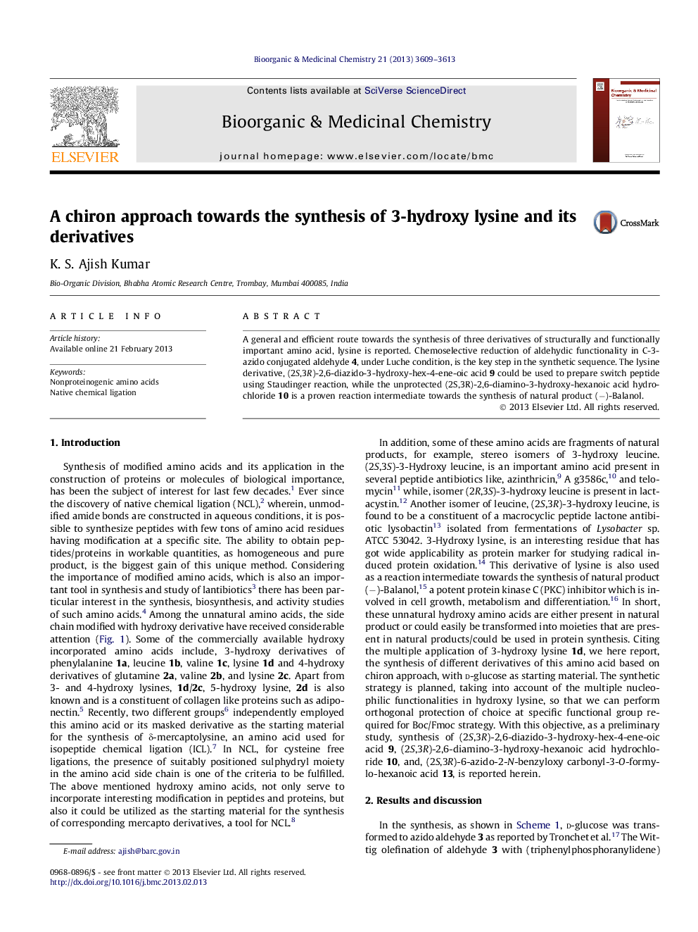 A chiron approach towards the synthesis of 3-hydroxy lysine and its derivatives