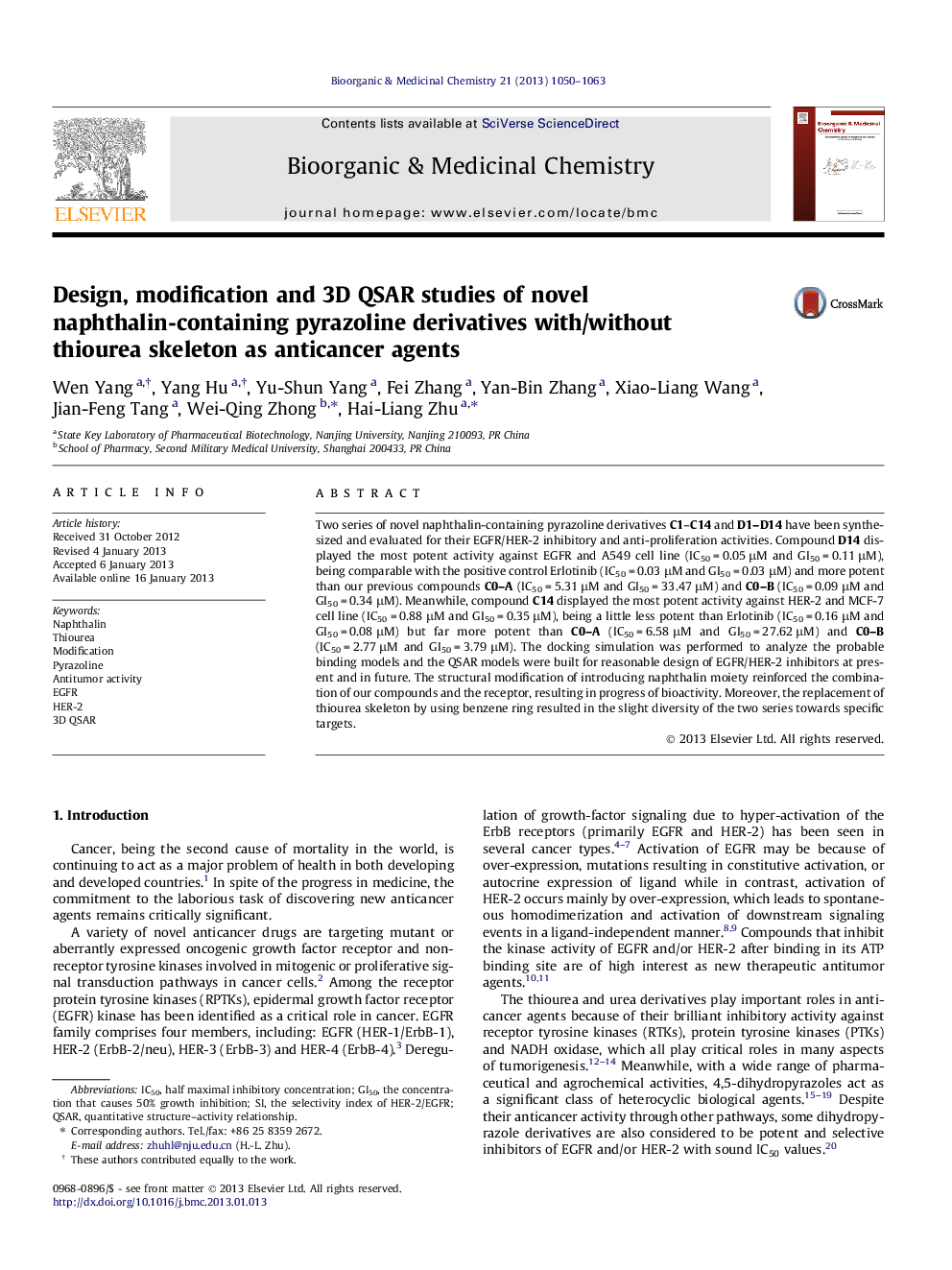 Design, modification and 3D QSAR studies of novel naphthalin-containing pyrazoline derivatives with/without thiourea skeleton as anticancer agents