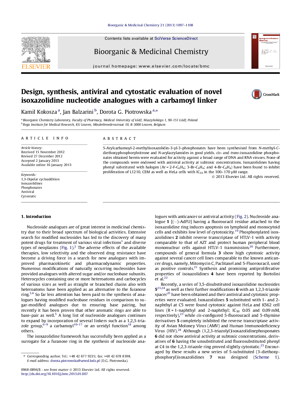 Design, synthesis, antiviral and cytostatic evaluation of novel isoxazolidine nucleotide analogues with a carbamoyl linker