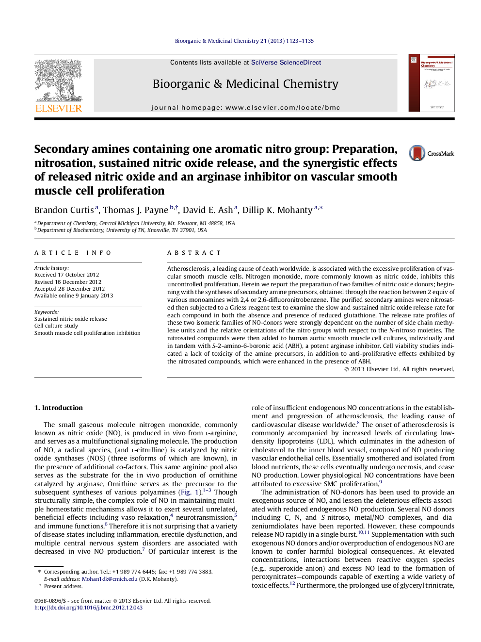 عکس صفحه اول مقاله: Secondary amines containing one aromatic nitro group: Preparation, nitrosation, sustained nitric oxide release, and the synergistic effects of released nitric oxide and an arginase inhibitor on vascular smooth muscle cell proliferation Secondary amines containing one aromatic nitro group: Preparation, nitrosation, sustained nitric oxide release, and the synergistic effects of released nitric oxide and an arginase inhibitor on vascular smooth muscle cell proliferation